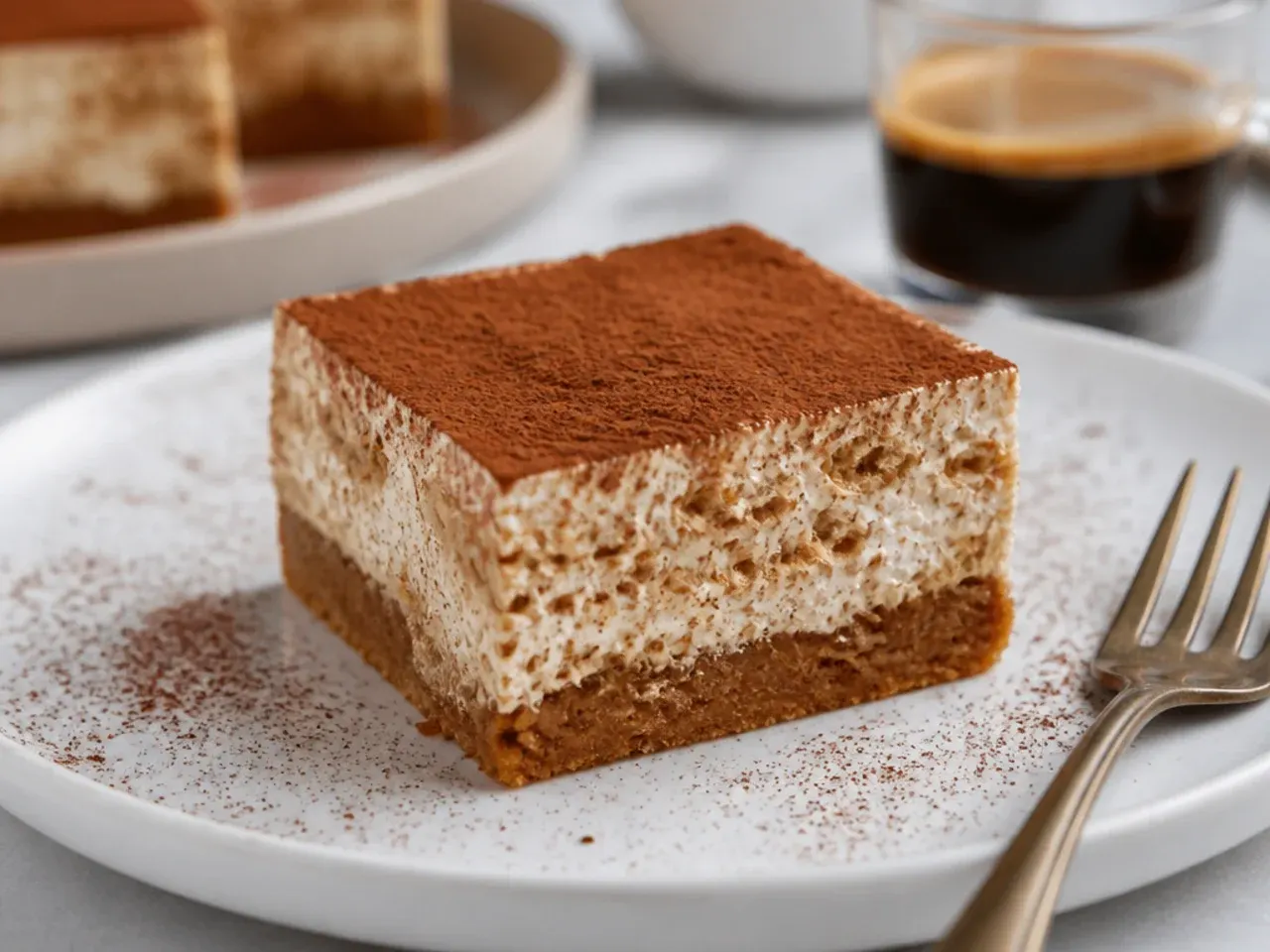 Bold espresso biscoff cheesecake bars dusted with cocoa powder