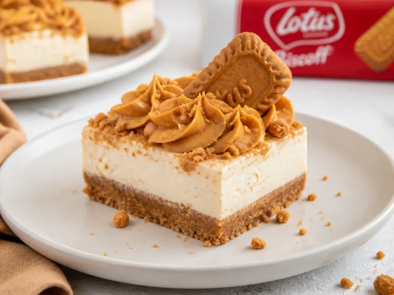 Delicate biscoff cheesecake bars topped with piped cookie butter rosettes