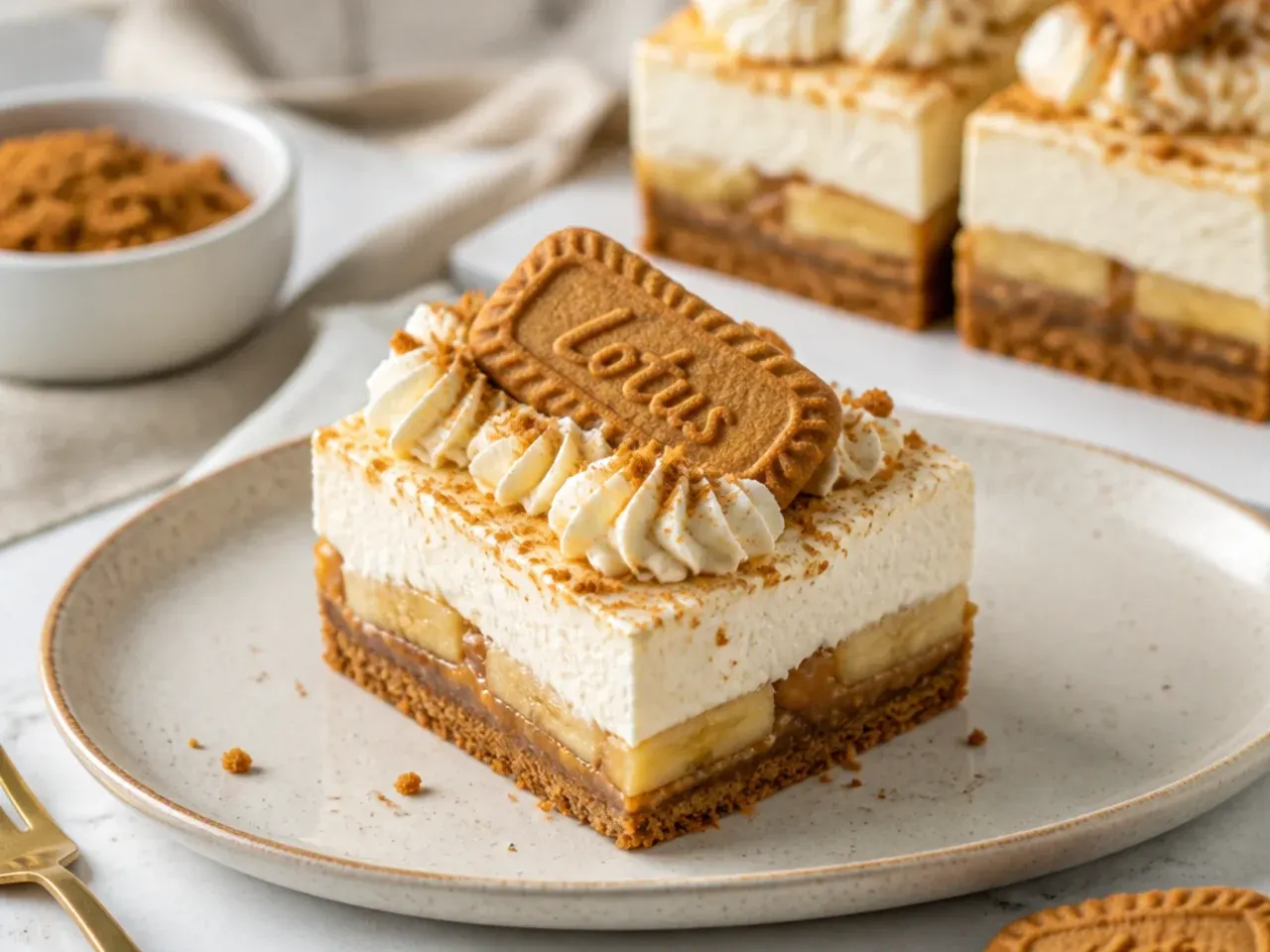 Vintage banoffee biscoff cheesecake bars with banana and caramel layers