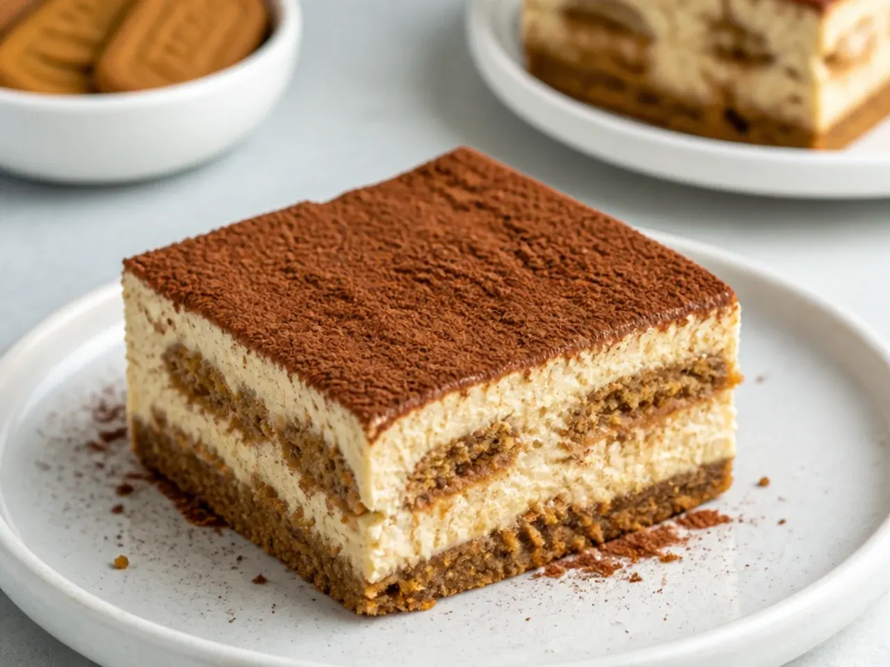 Creative biscoff tiramisu cheesecake bars dusted with cocoa
