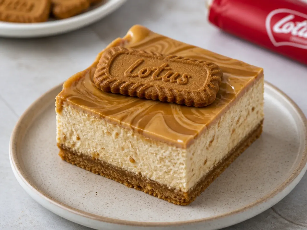 Thick New York style biscoff cheesecake bars with dense creamy filling