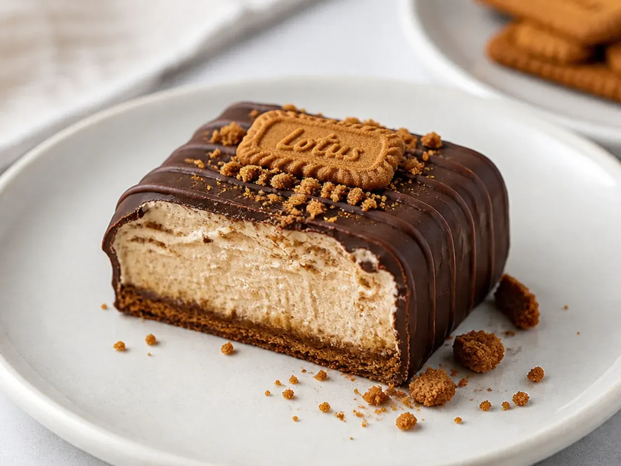 Frozen biscoff cheesecake bars dipped in dark chocolate shell