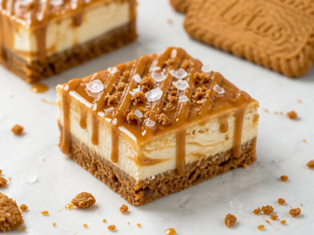Salted caramel biscoff cheesecake bars with flaky sea salt drizzle