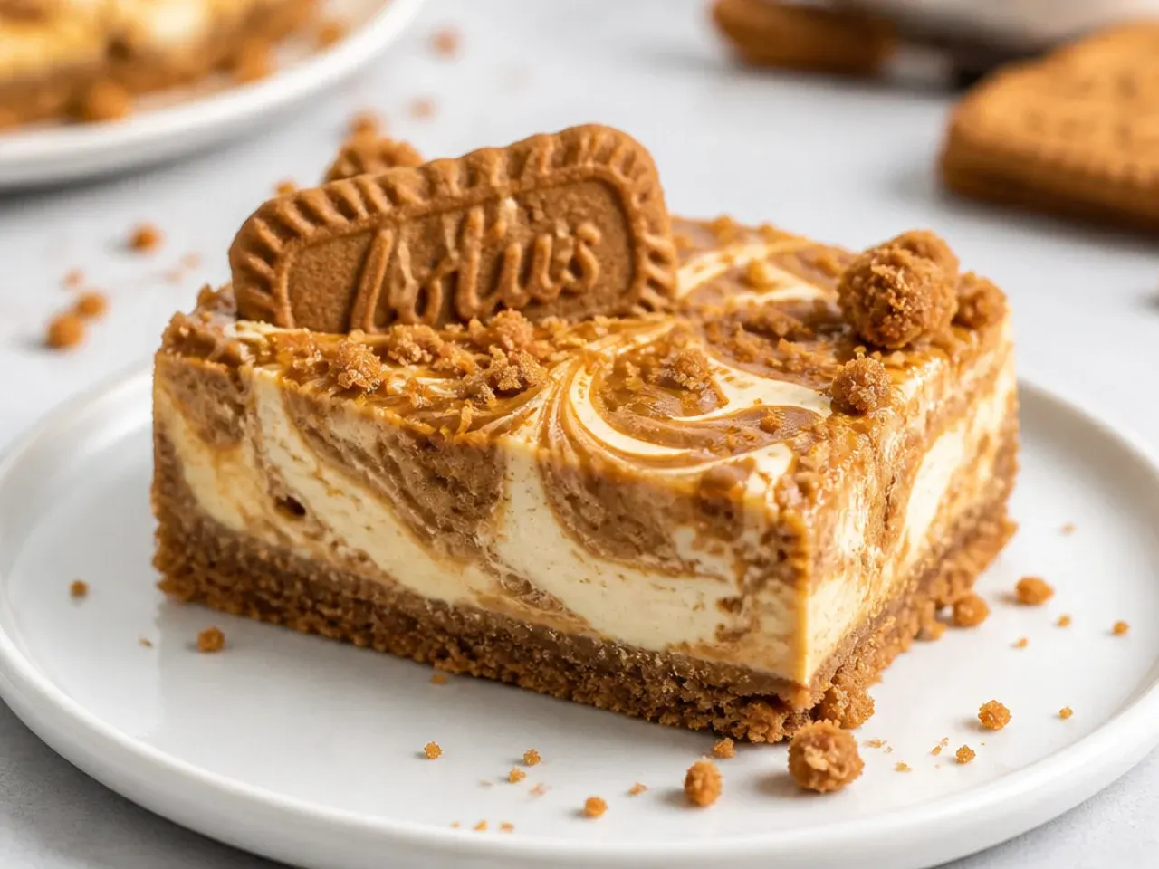 Playful biscoff cheesecake bars with peanut butter and cookie butter swirl