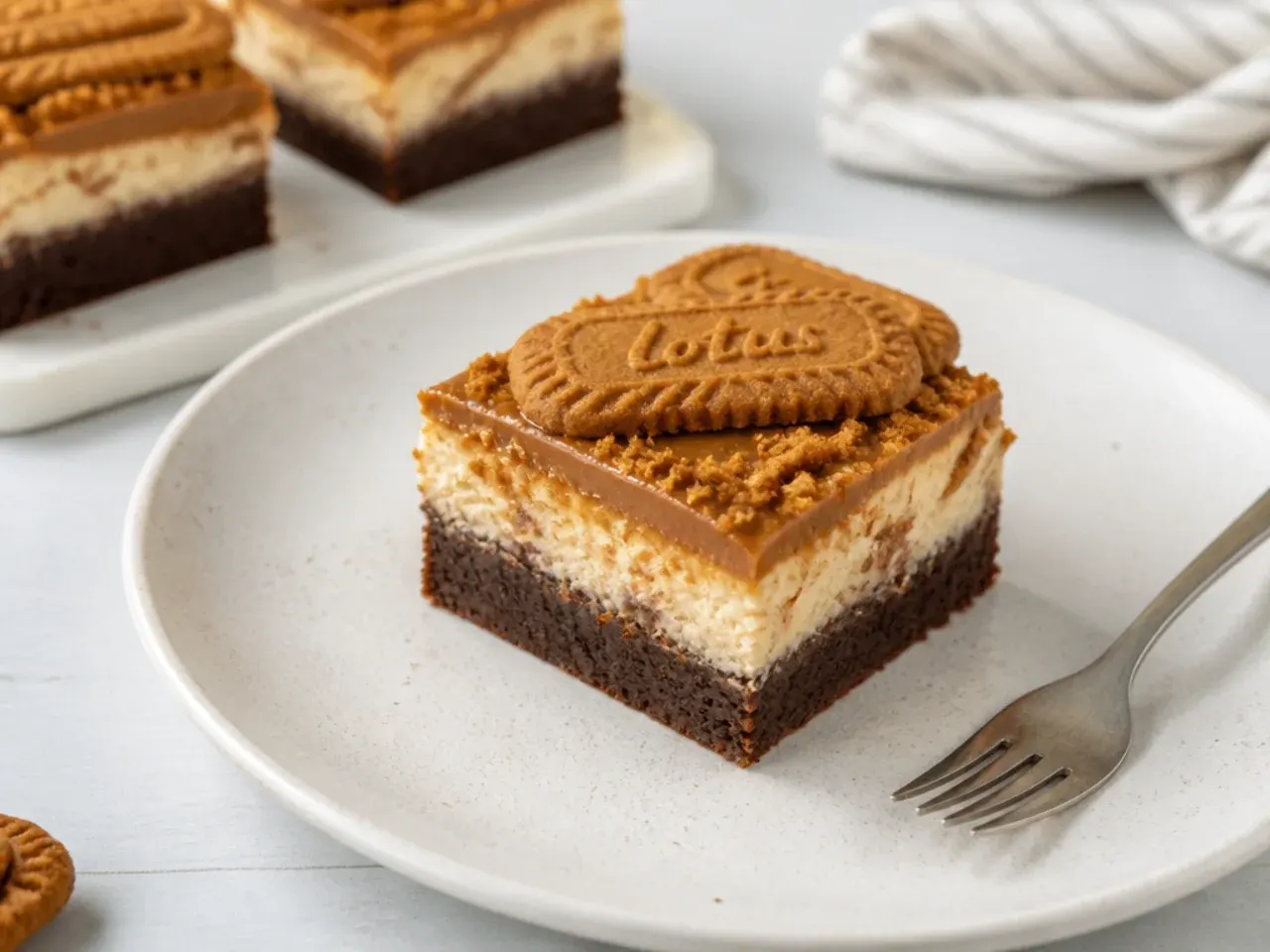 Modern biscoff brownie cheesecake bars with fudgy chocolate base