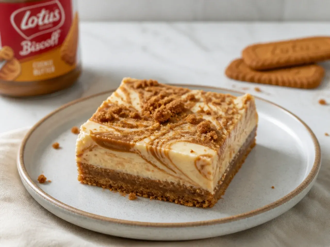 Rustic biscoff blondie cheesecake bars with chewy brown sugar base