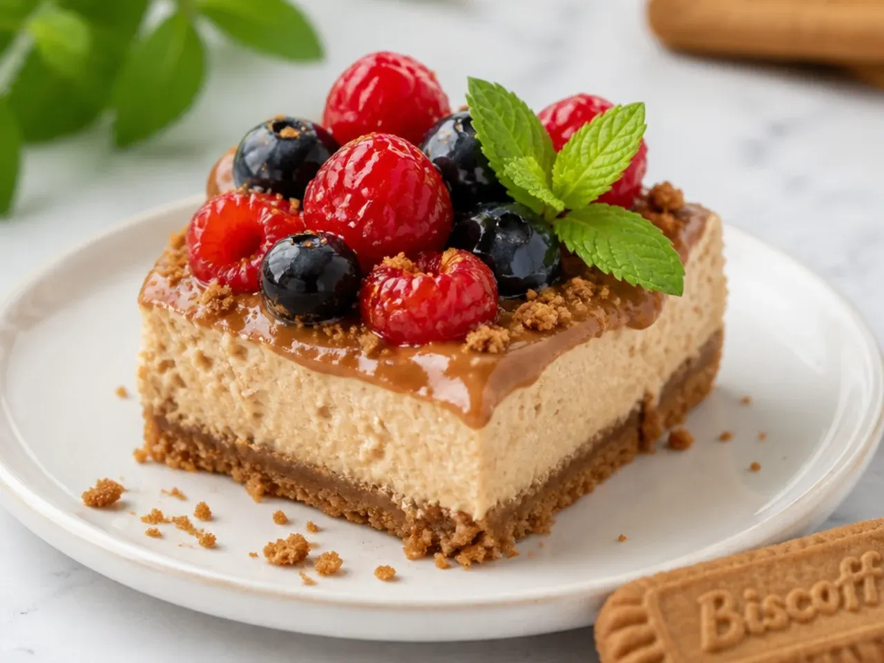 Biscoff cheesecake bars topped with glazed fresh berries and mint