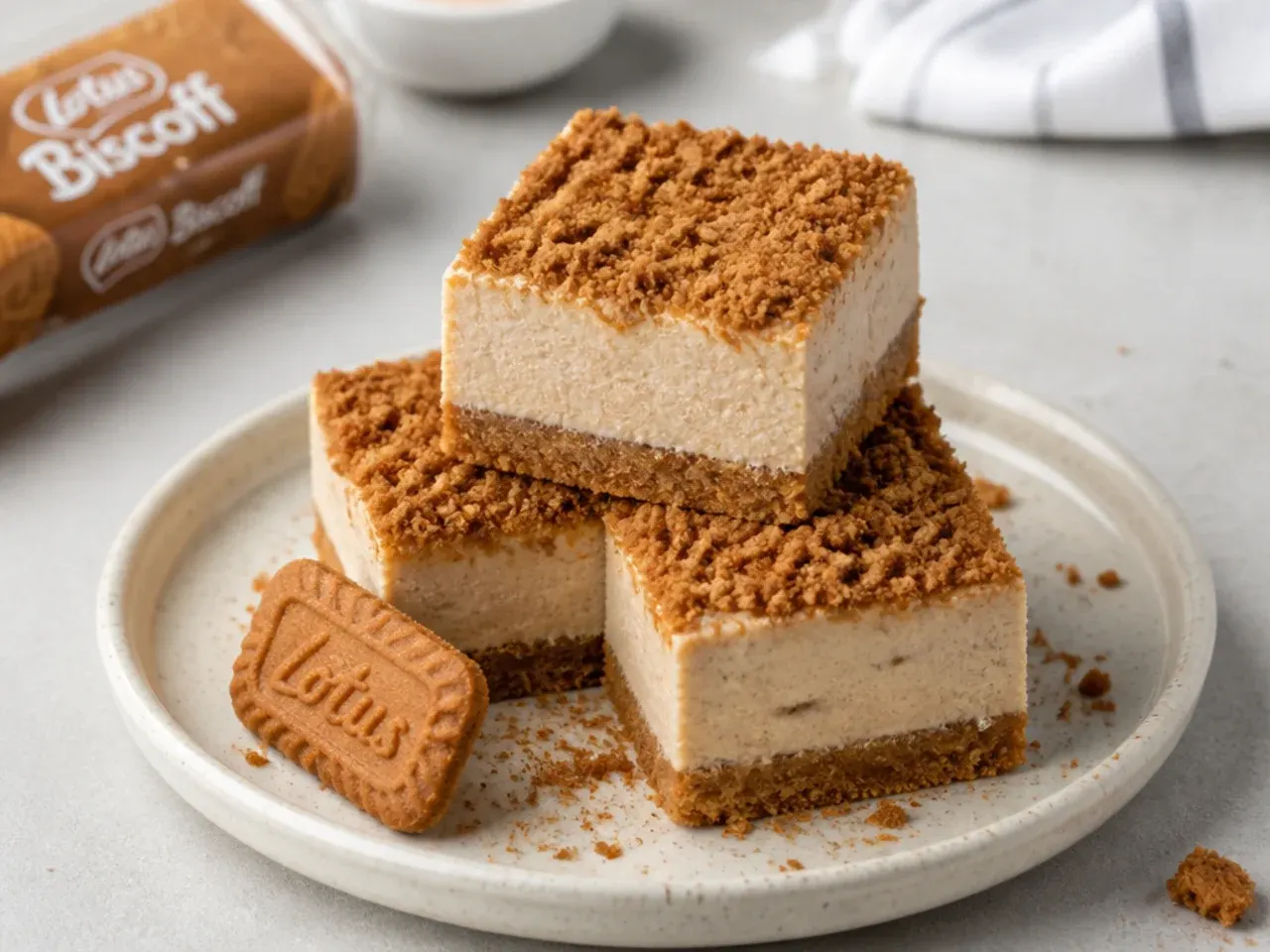 Dairy free vegan biscoff cheesecake bars with cookie crumb topping