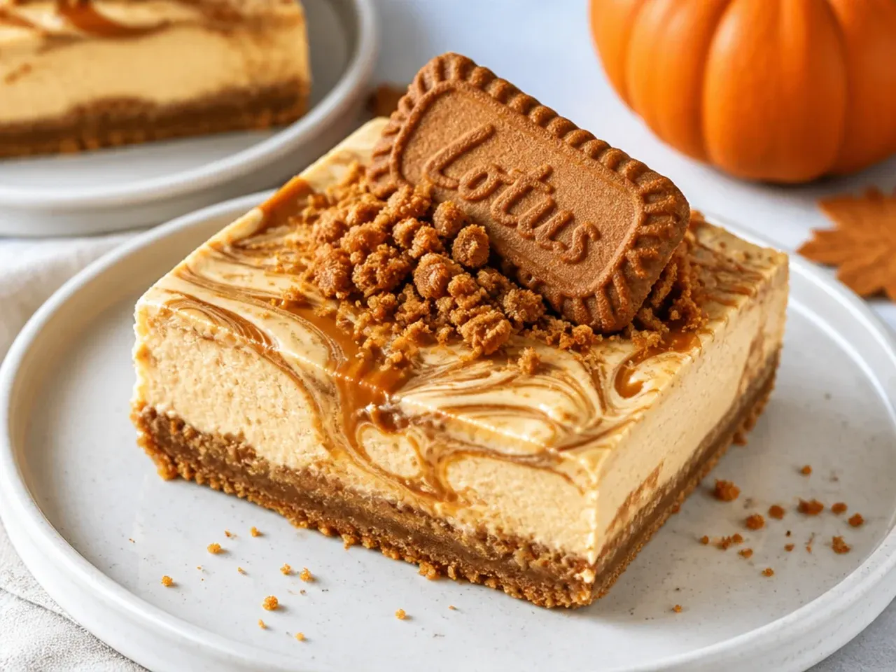 Festive pumpkin spice biscoff cheesecake bars with cinnamon swirl