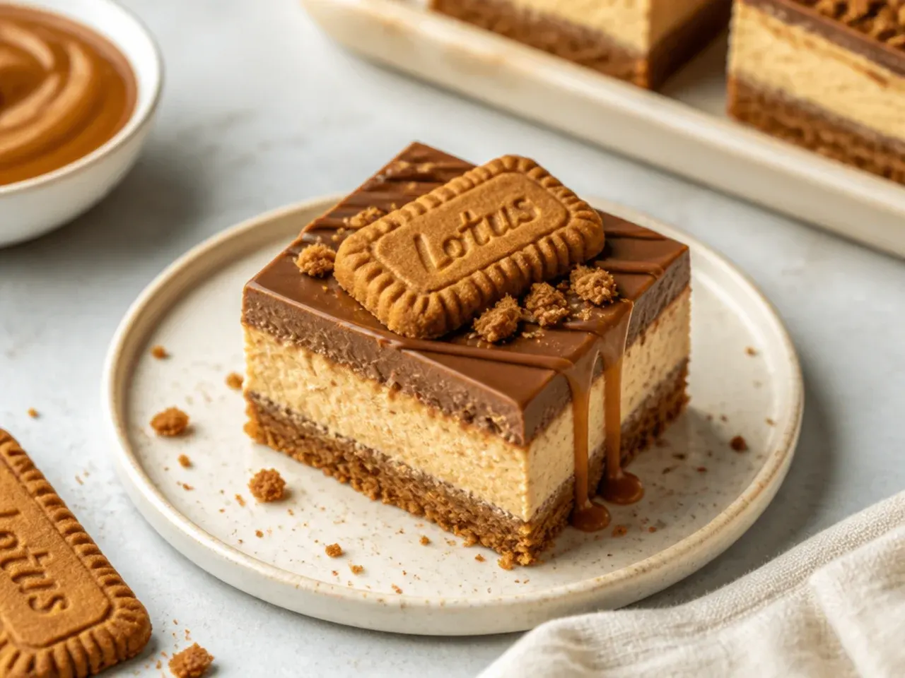 Decadent biscoff millionaire cheesecake bars with caramel and chocolate layers