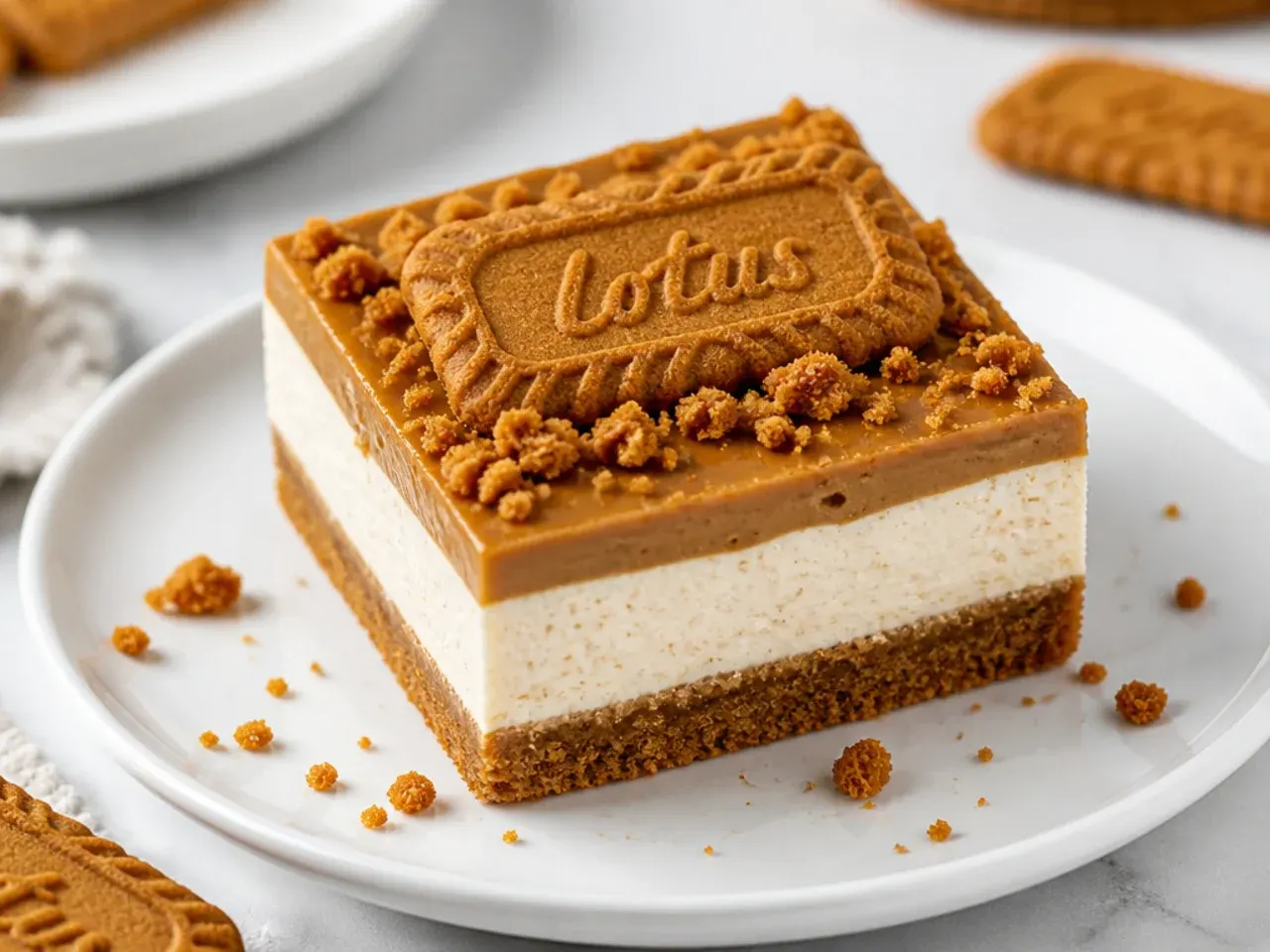 Cleanly sliced biscoff cheesecake bars showing pro slicing technique