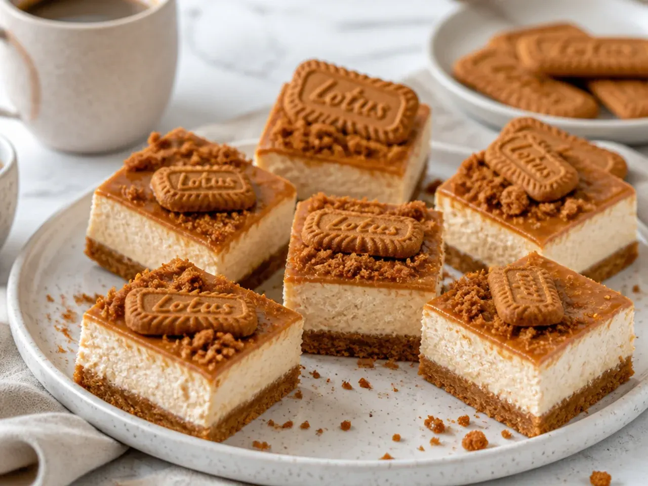 Biscoff cheesecake bar squares served on a dessert platter with coffee