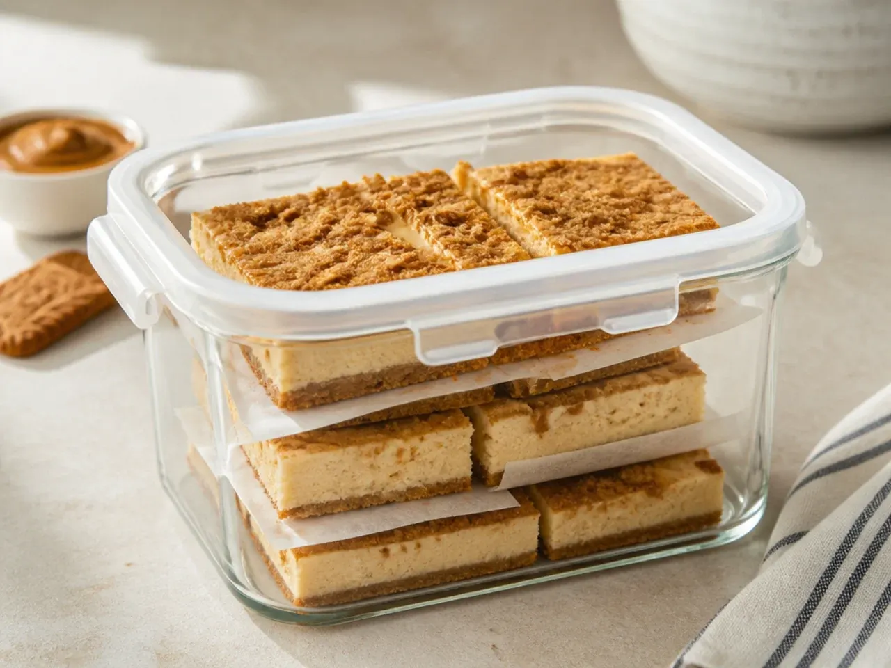 Biscoff cheesecake bars stored in an airtight container with parchment layers