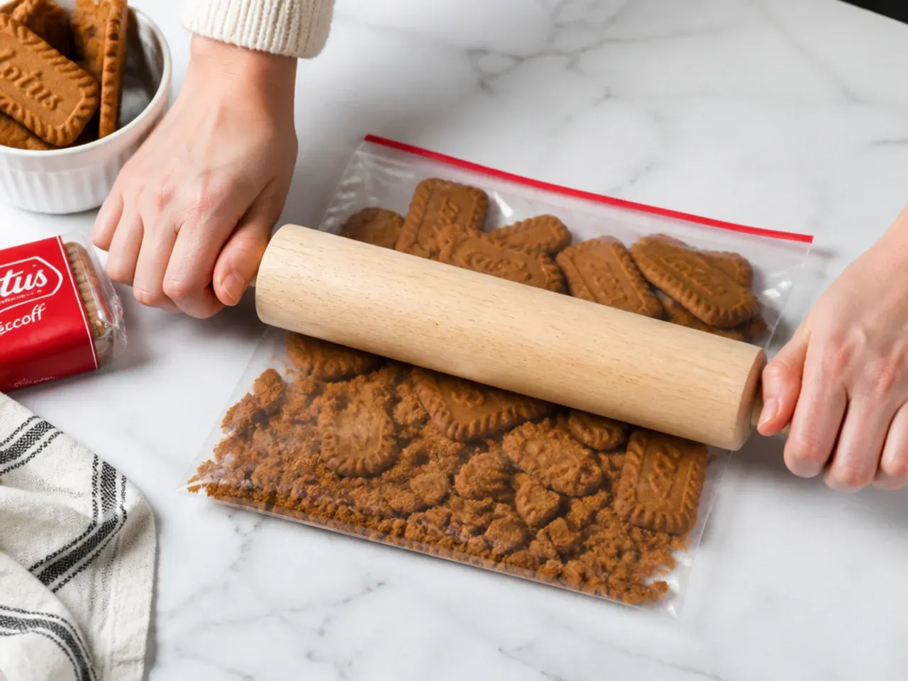 biscoff cheesecake cups — step 1: crush the biscuits