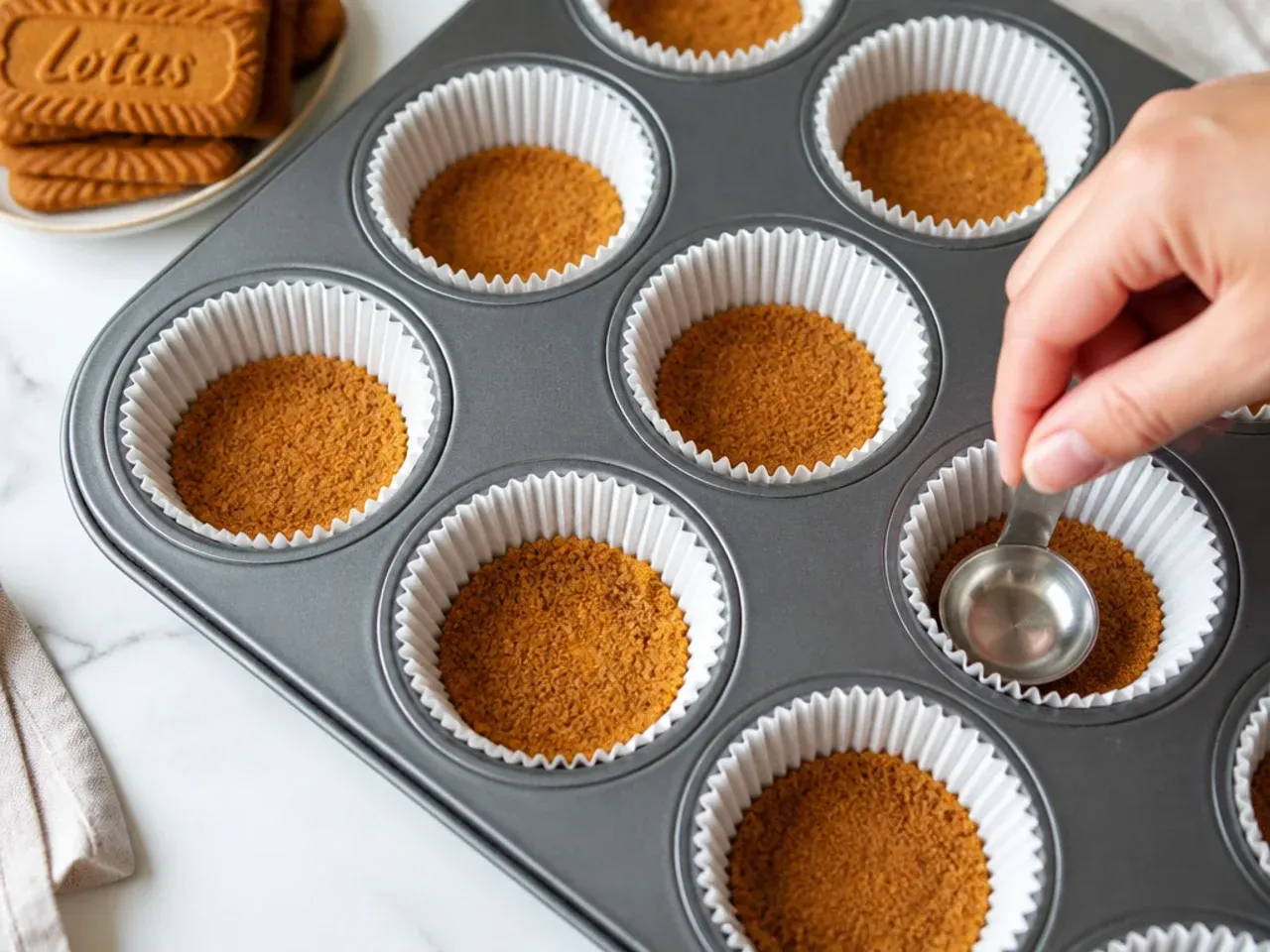 biscoff cheesecake cups — step 2: press in the bases