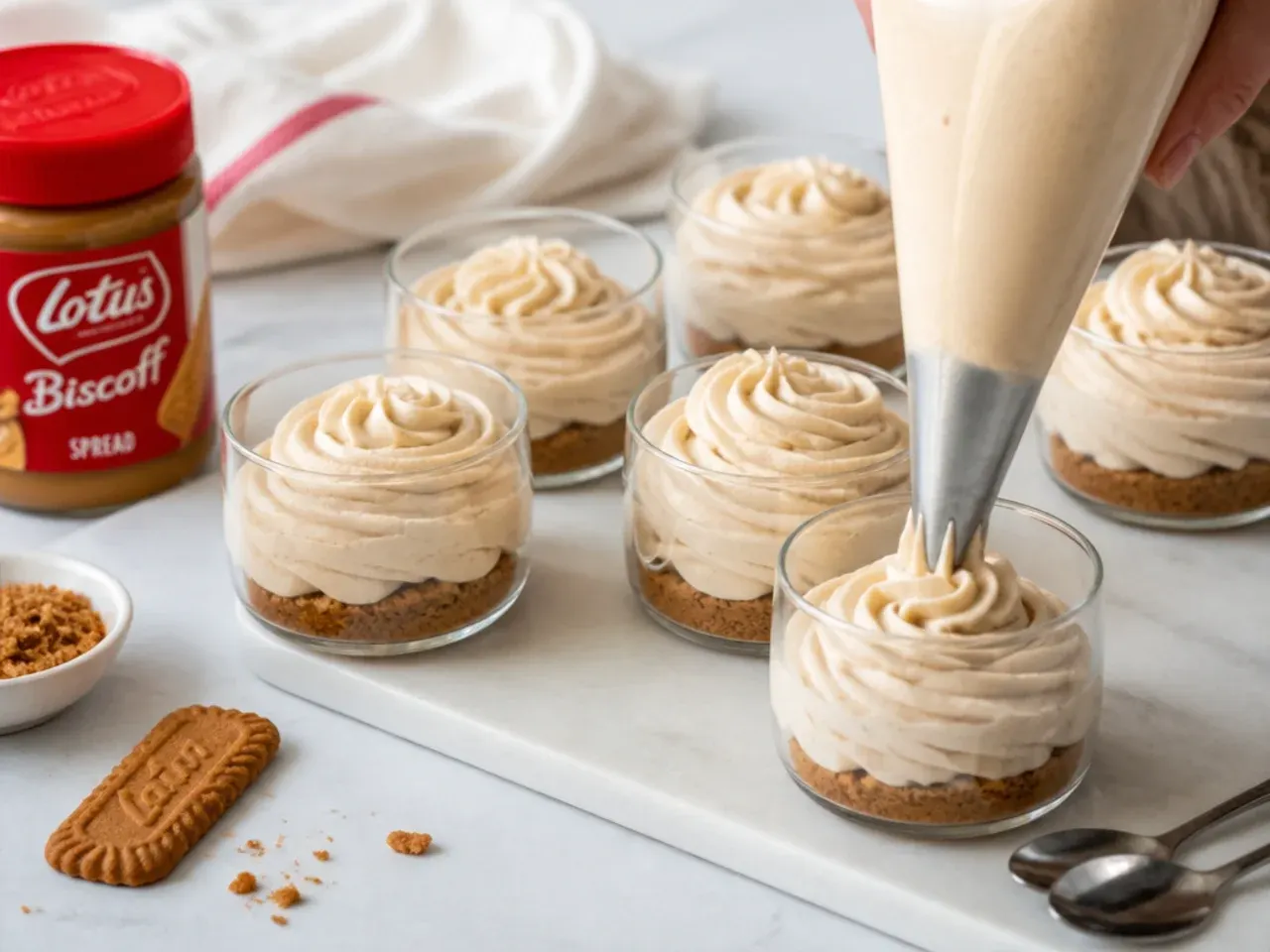 biscoff cheesecake cups — step 6: pipe into the cups