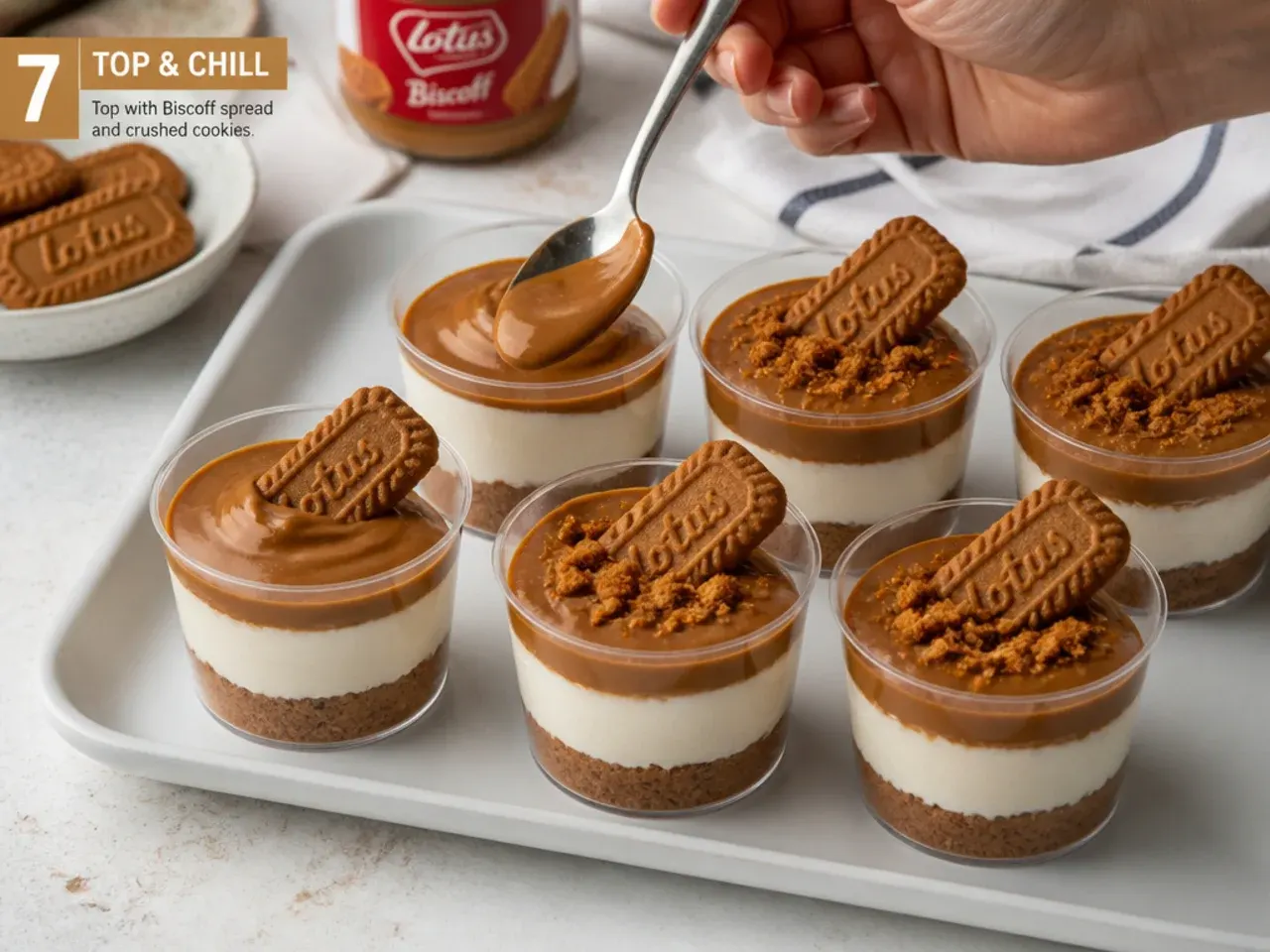 biscoff cheesecake cups — step 7: top and chill