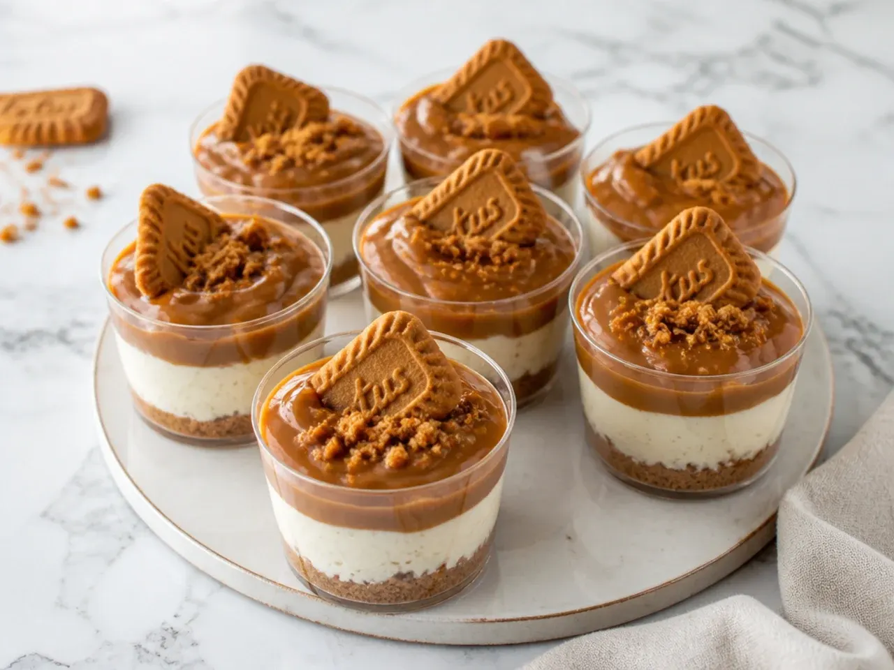 Assorted no-bake biscoff cheesecake cups with melted Lotus spread topping on a marble counter