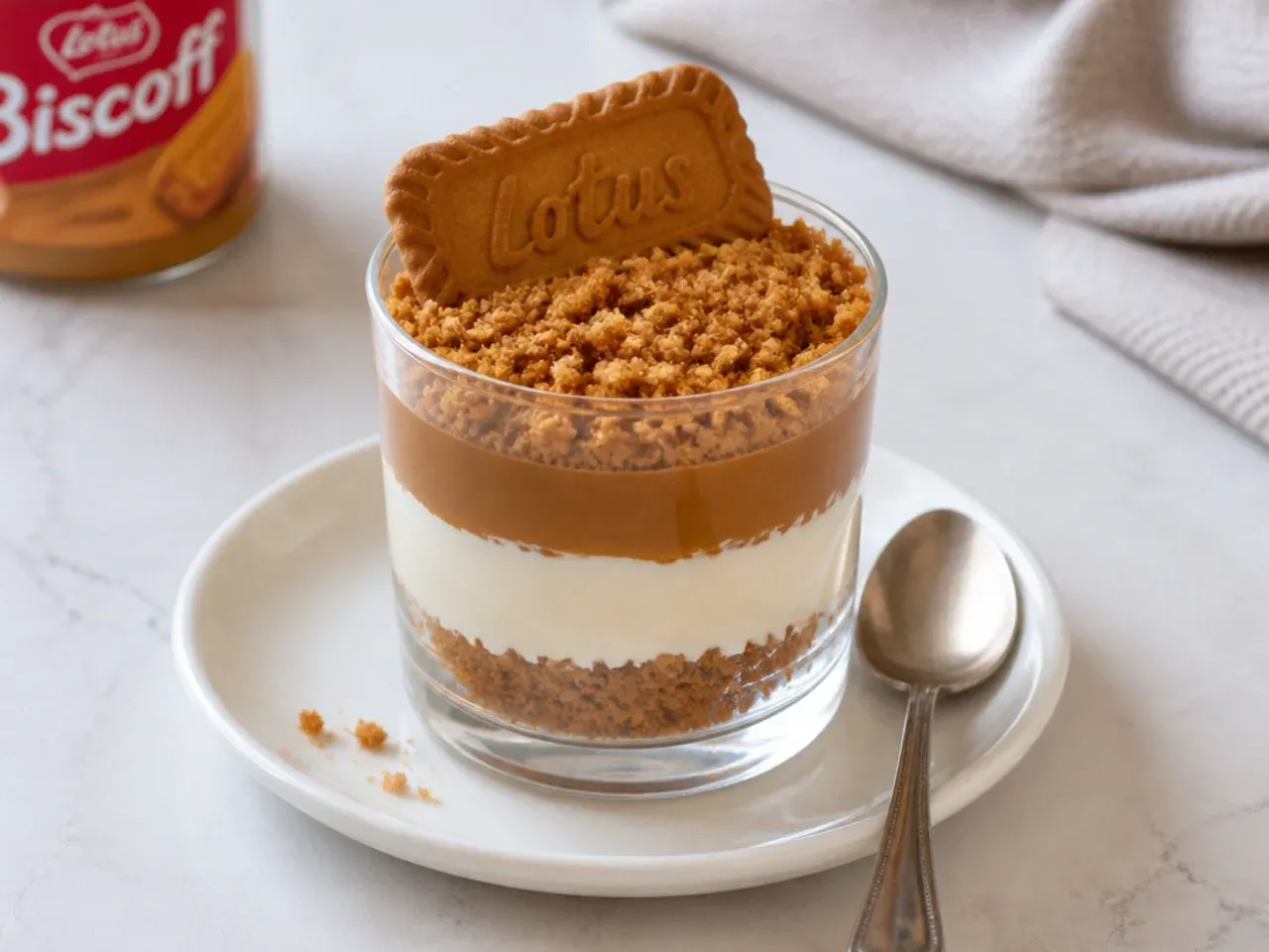 Classic layered biscoff cheesecake cup in a glass tumbler topped with half a Lotus biscuit