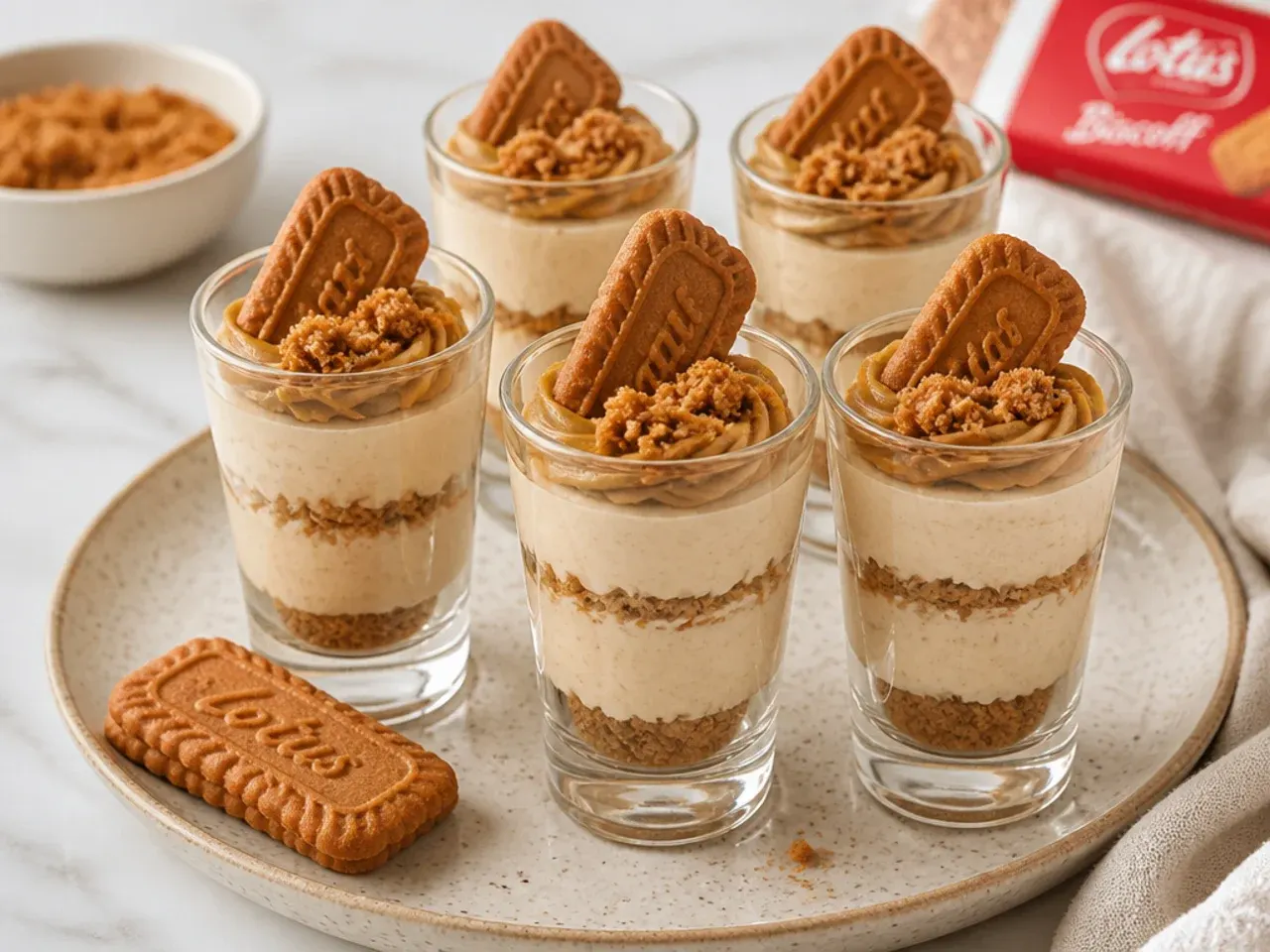 Easy three-ingredient biscoff cheesecake shots in mini glasses with crushed biscuit layers