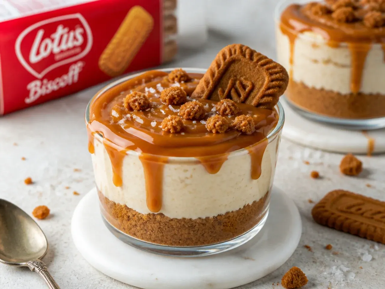 Salted caramel biscoff cheesecake cup with caramel drizzle and flaky sea salt on top