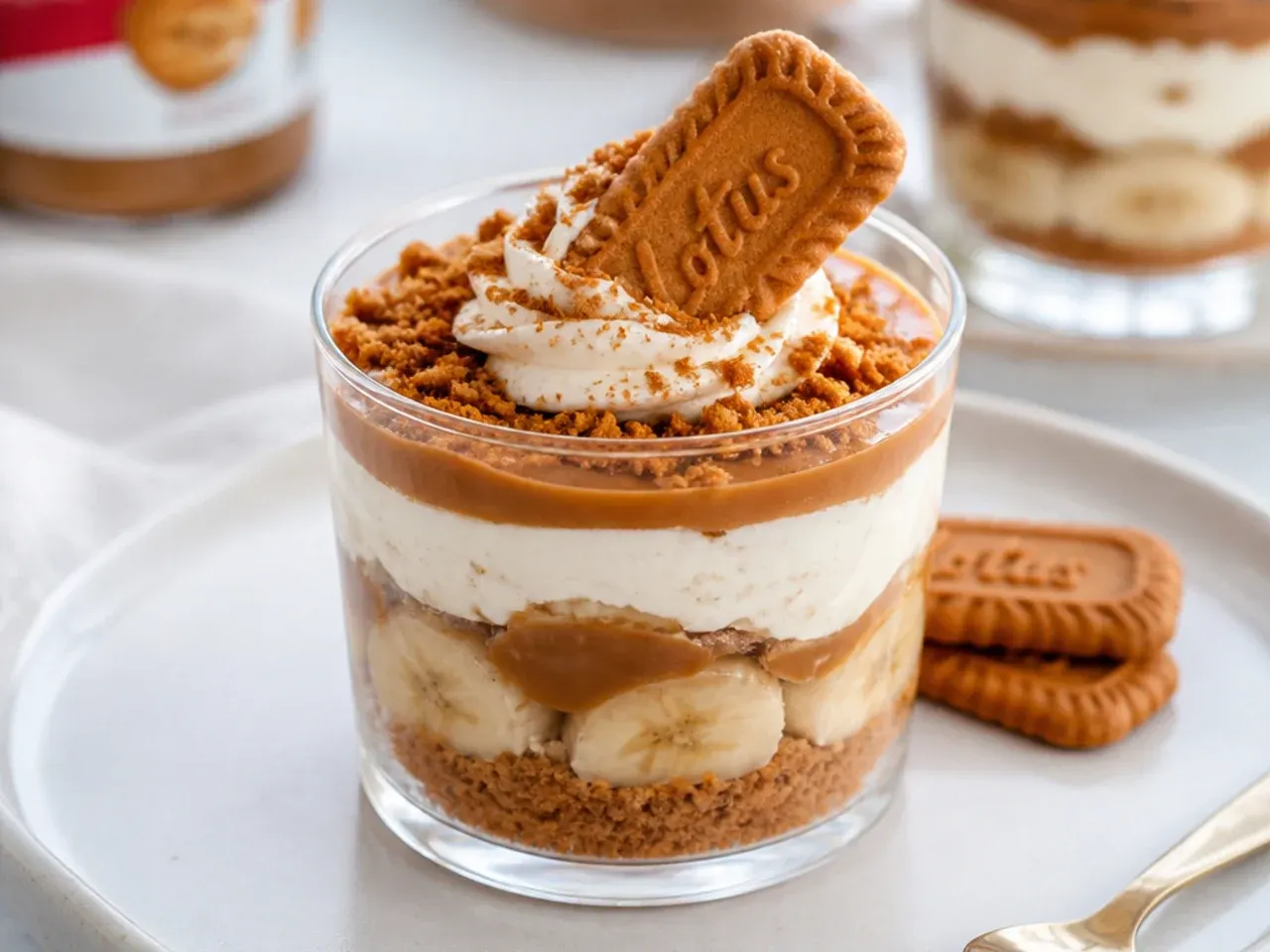Biscoff banoffee cheesecake cups layered with banana slices and dulce de leche