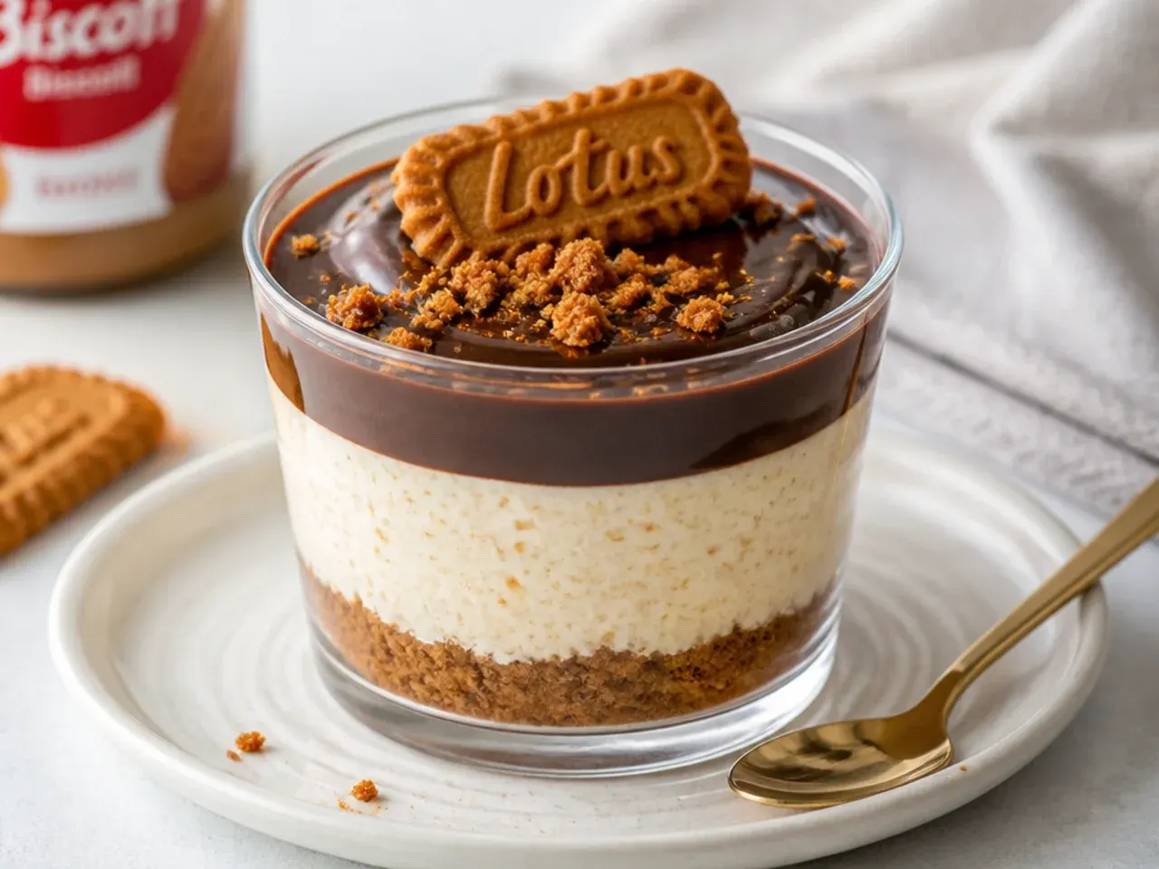 Modern biscoff cheesecake cup topped with a glossy dark chocolate ganache layer