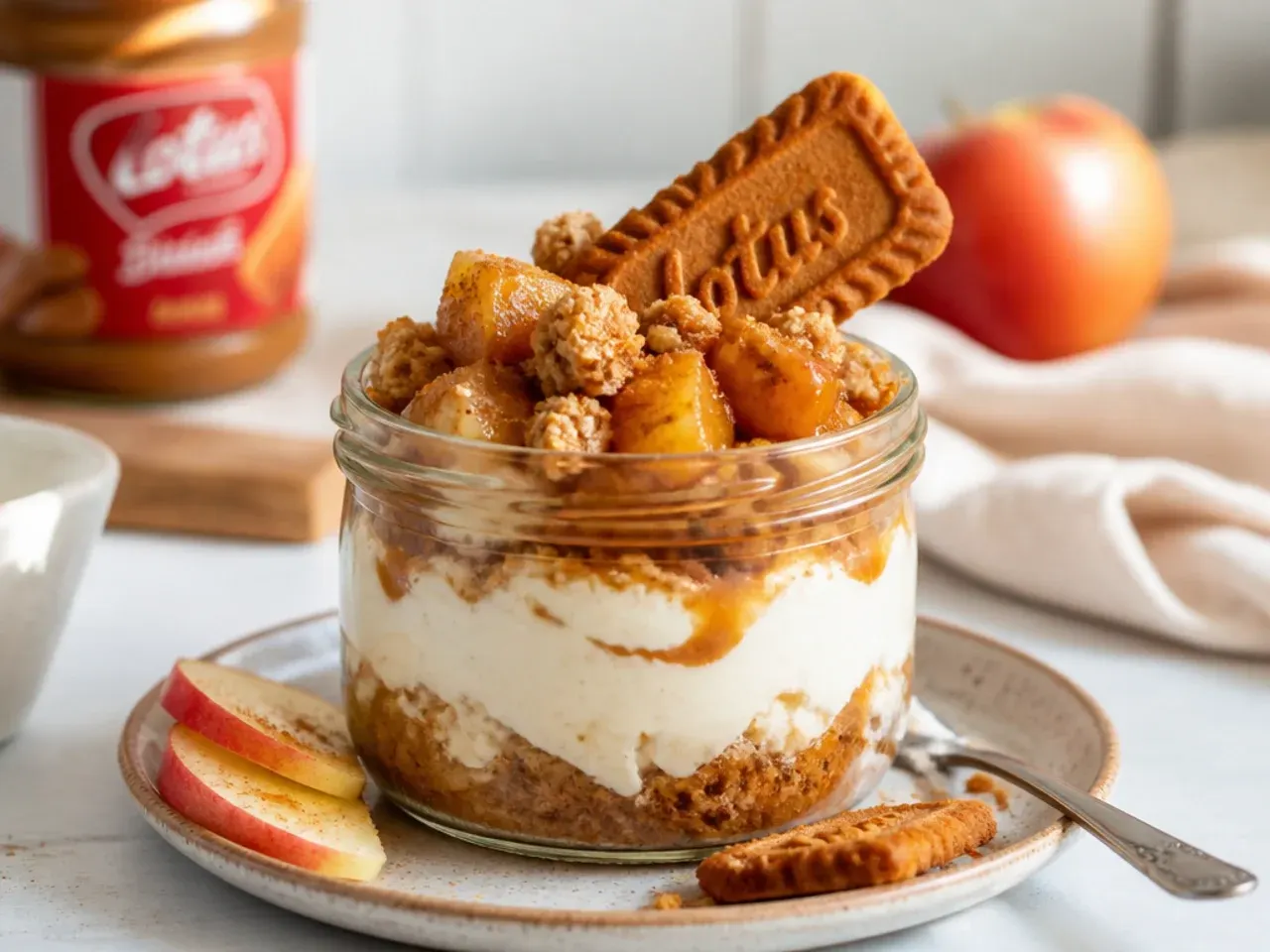 Rustic biscoff apple crumble cheesecake jar with cinnamon apples and toasted oat topping