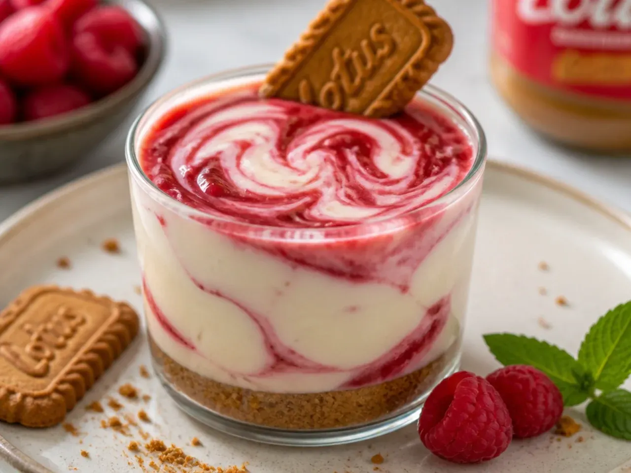 Raspberry swirl biscoff cheesecake cups with red coulis marbled on top