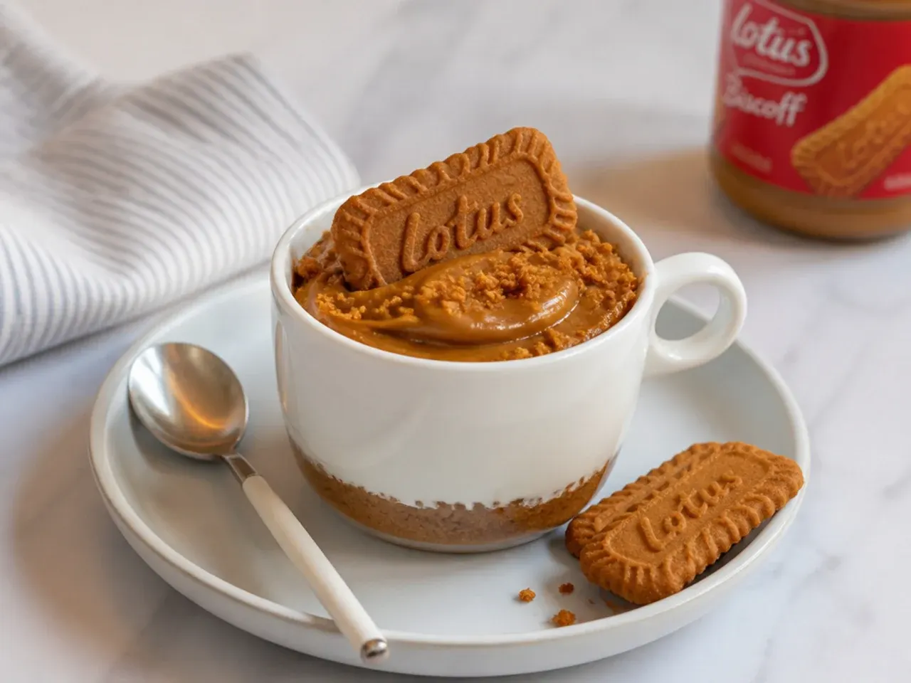 Minimalist two-layer biscoff cheesecake pots in white espresso cups