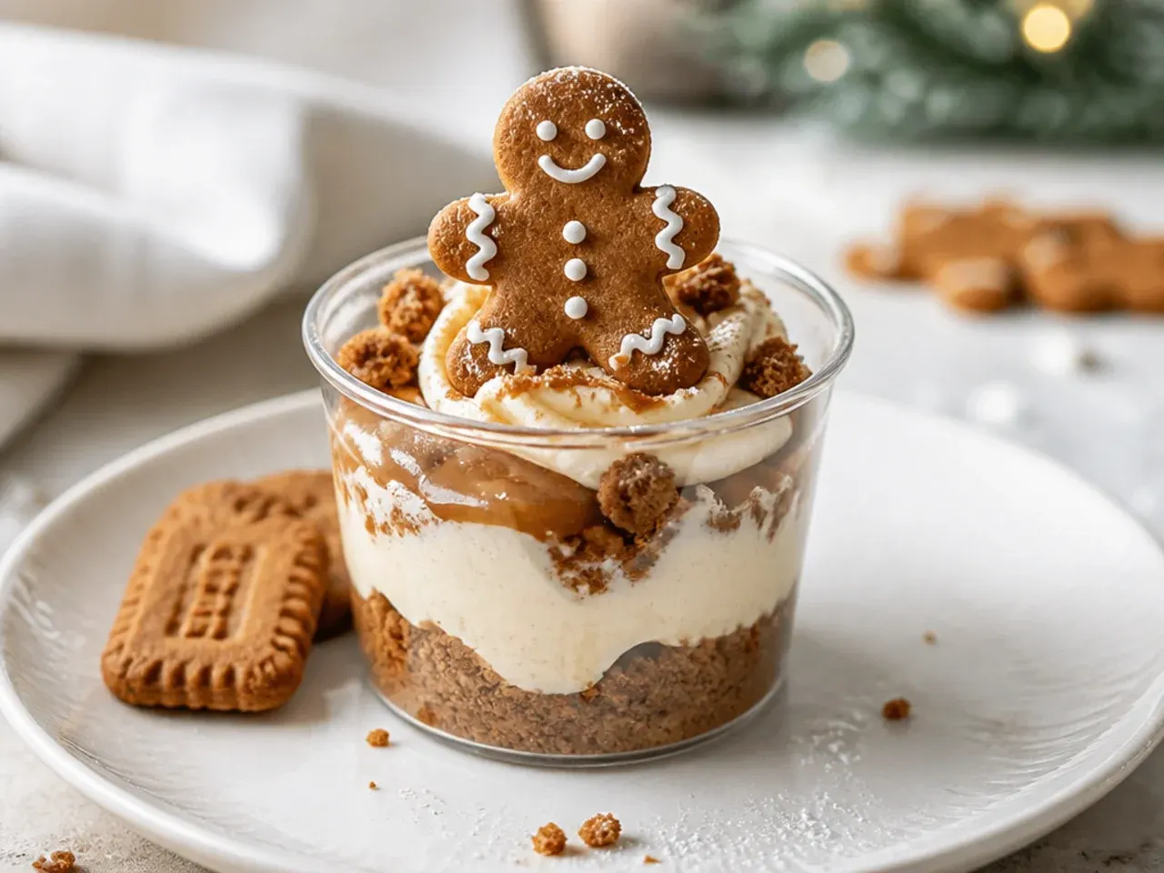 Festive gingerbread biscoff cheesecake cups topped with mini gingerbread men and icing sugar