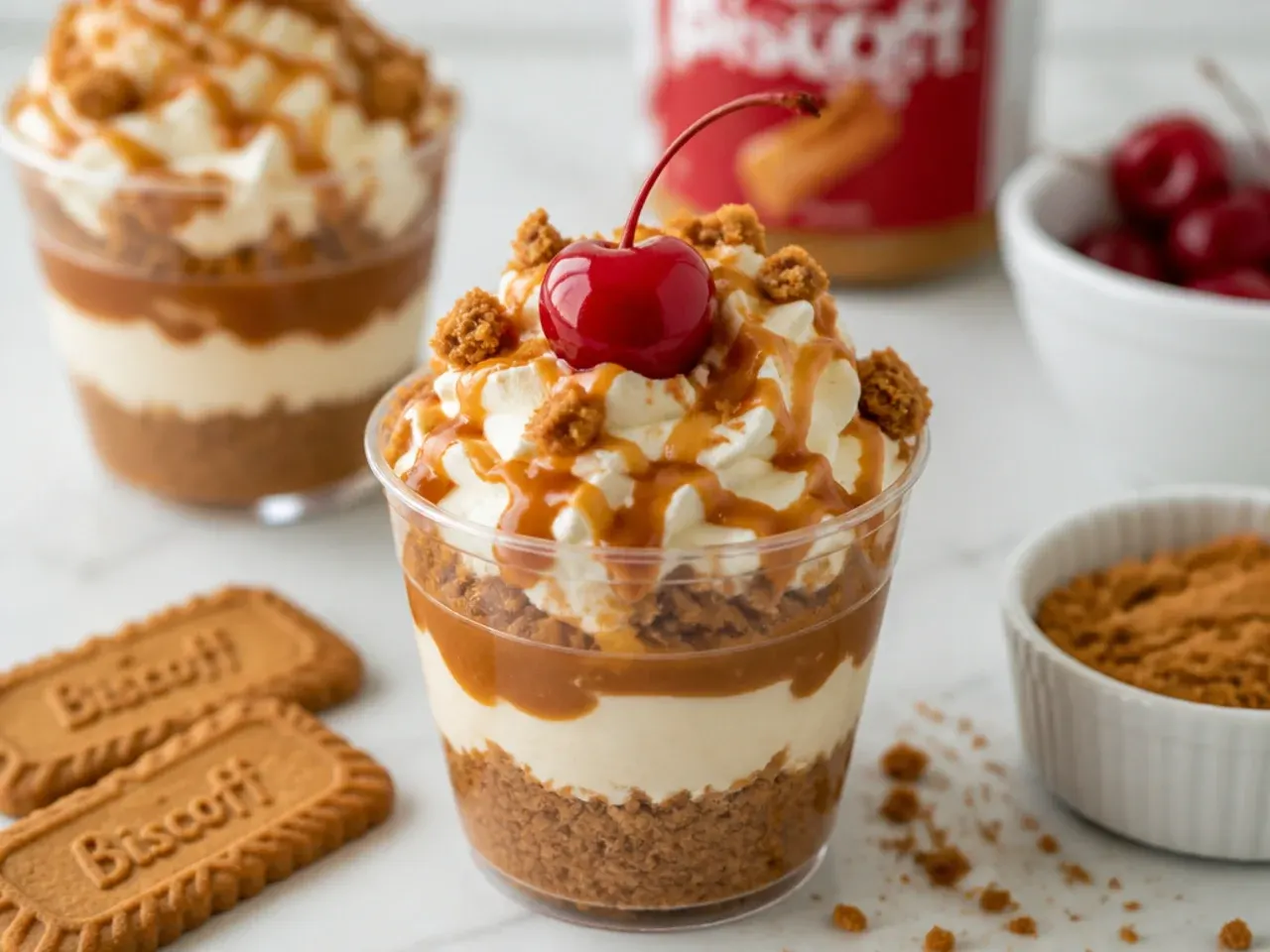 Frozen biscoff cheesecake sundae cups with whipped cream, Biscoff drizzle and cherries