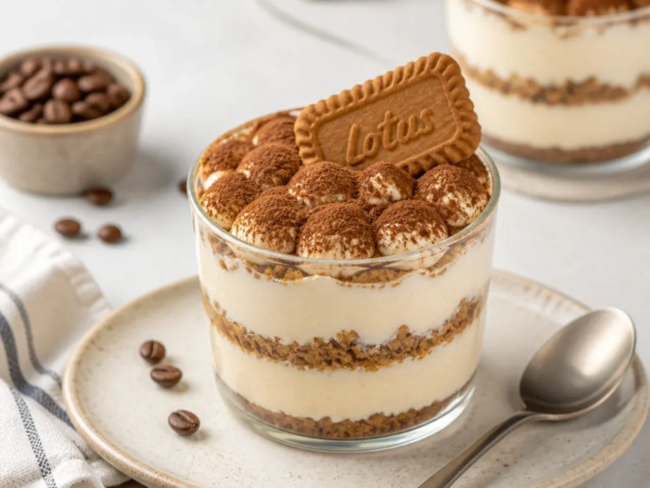 Espresso biscoff tiramisu cheesecake cups dusted with cocoa powder