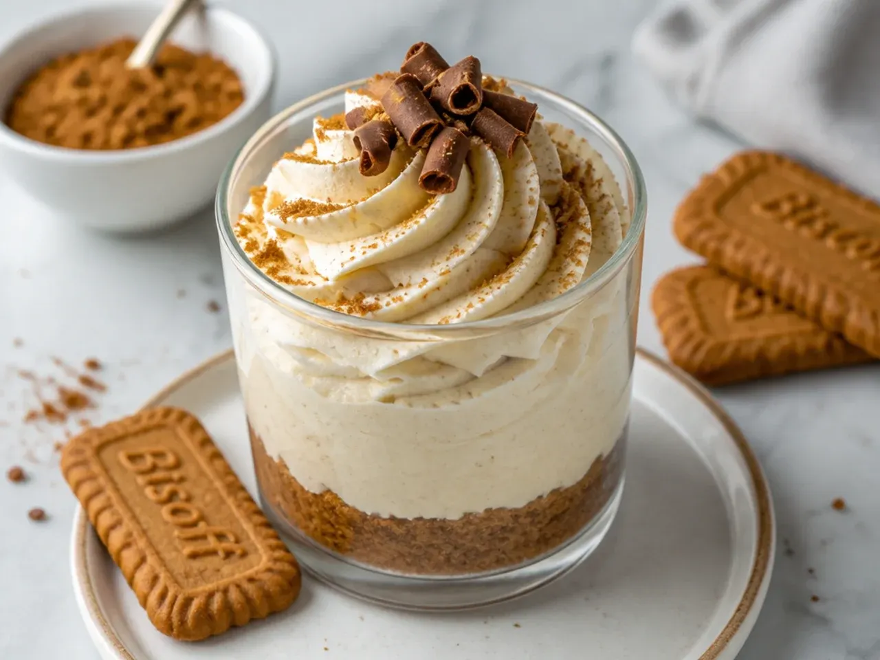 White chocolate biscoff mousse cups piped with star-tip rosettes and chocolate curls