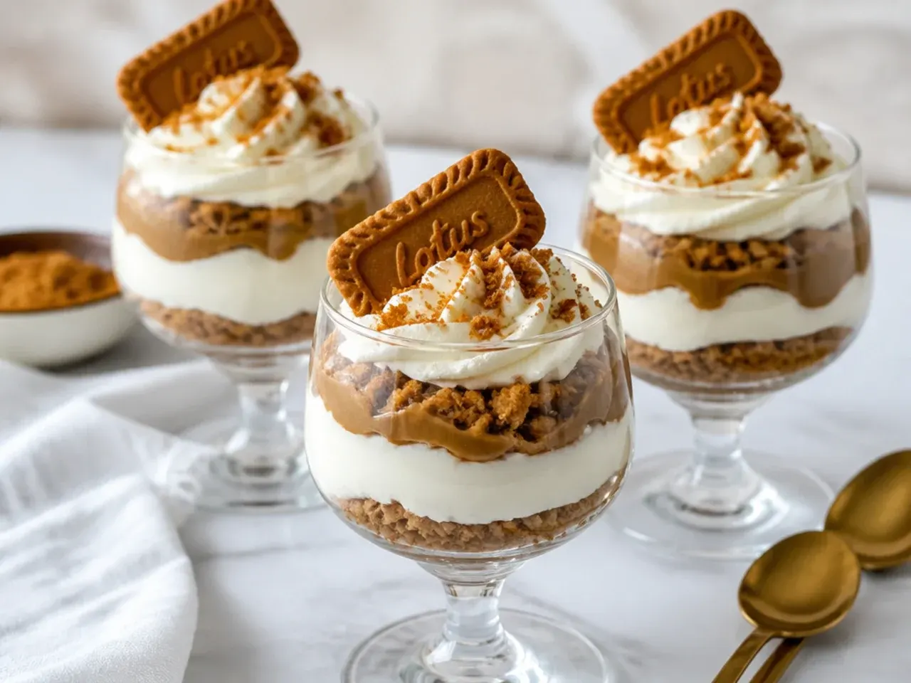 Vintage biscoff cheesecake trifle cups layered in stemmed sherry glasses
