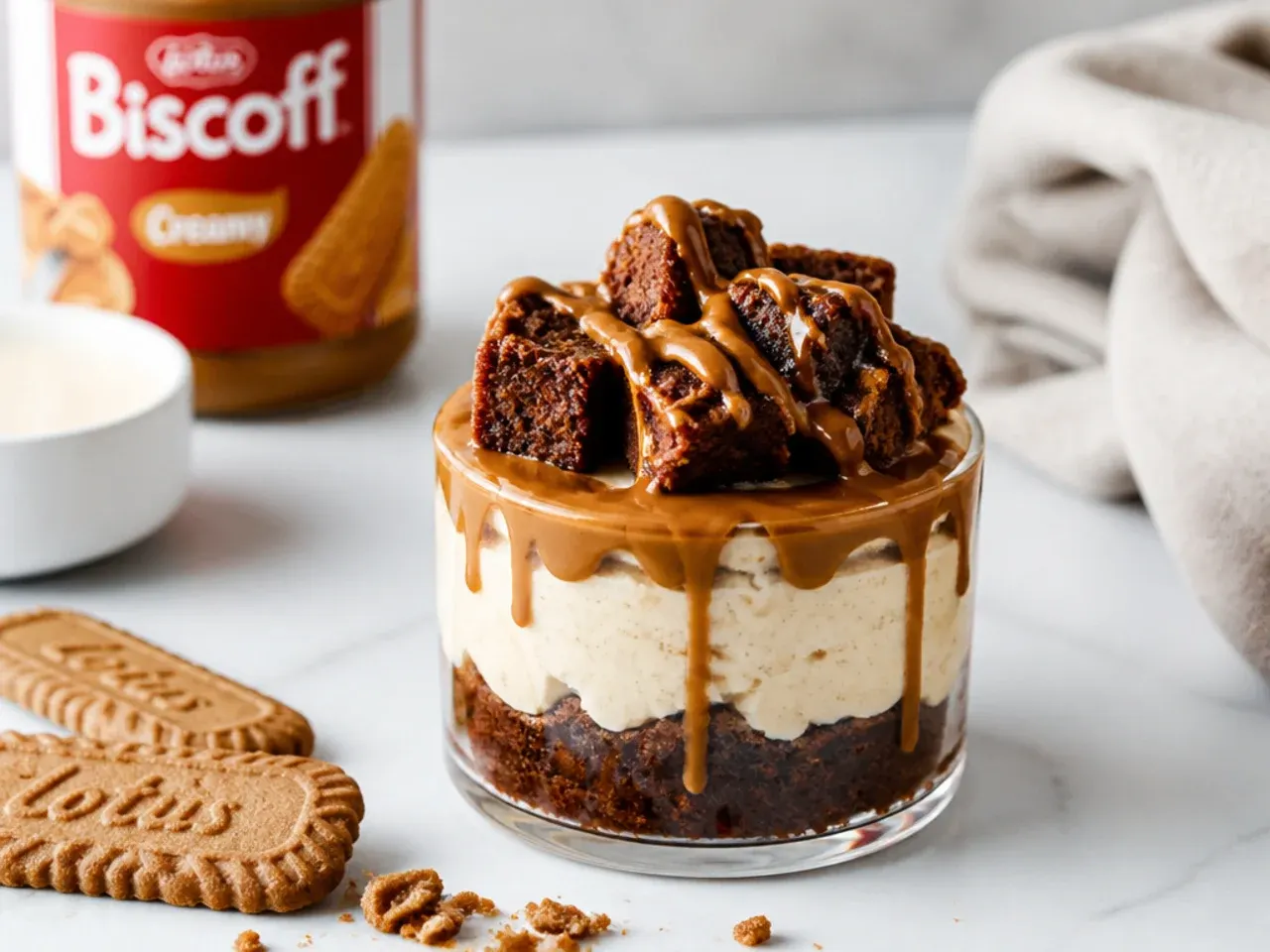 Brownie bottom biscoff cheesecake cups with fudgy brownie cubes and melted spread drizzle