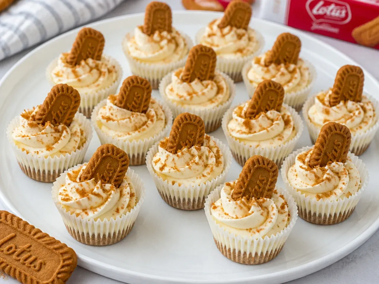 Mini biscoff cheesecake bites in paper liners arranged on a party platter