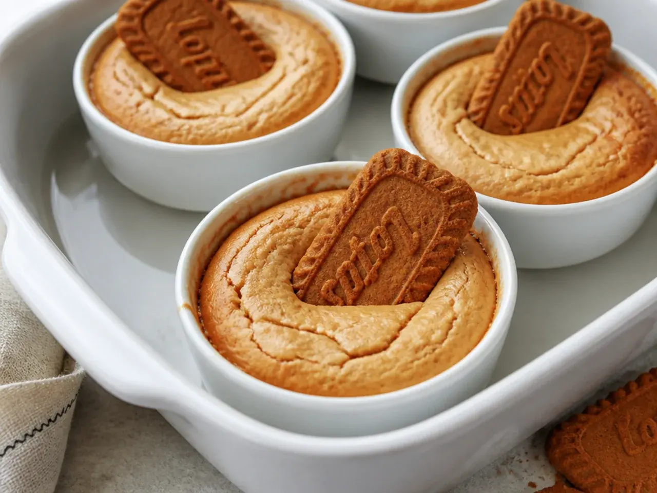 Baked biscoff cheesecake cups in white ramekins fresh from a water bath