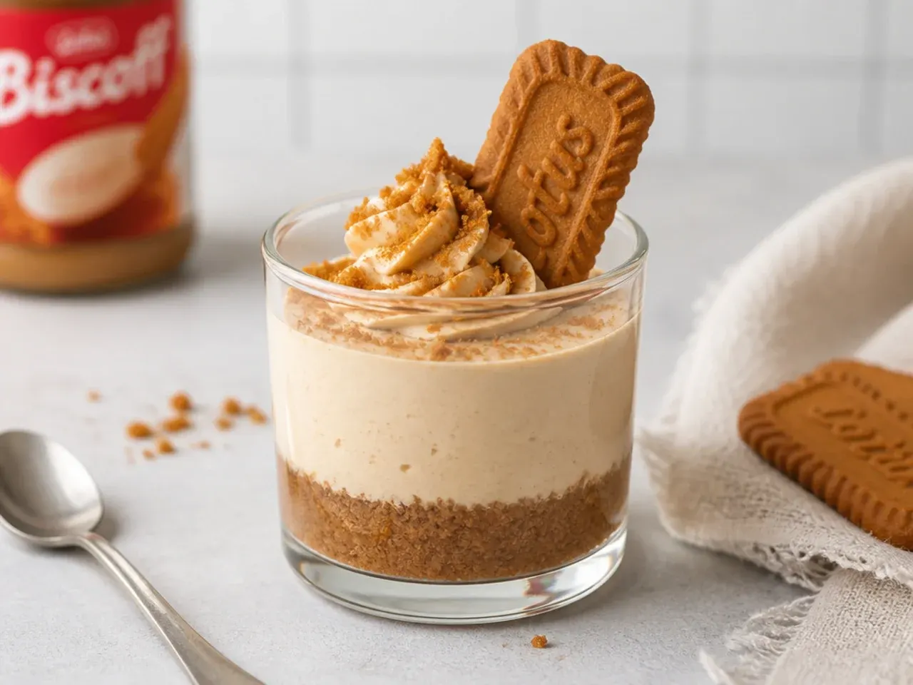 Four-ingredient condensed milk biscoff cheesecake cups with biscuit crumb base