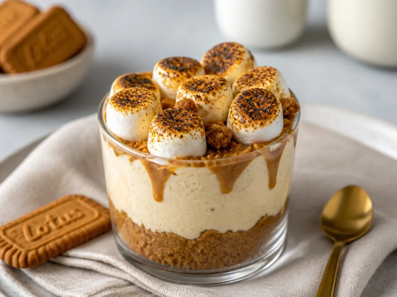 Biscoff s'mores cheesecake cups topped with torched golden marshmallows