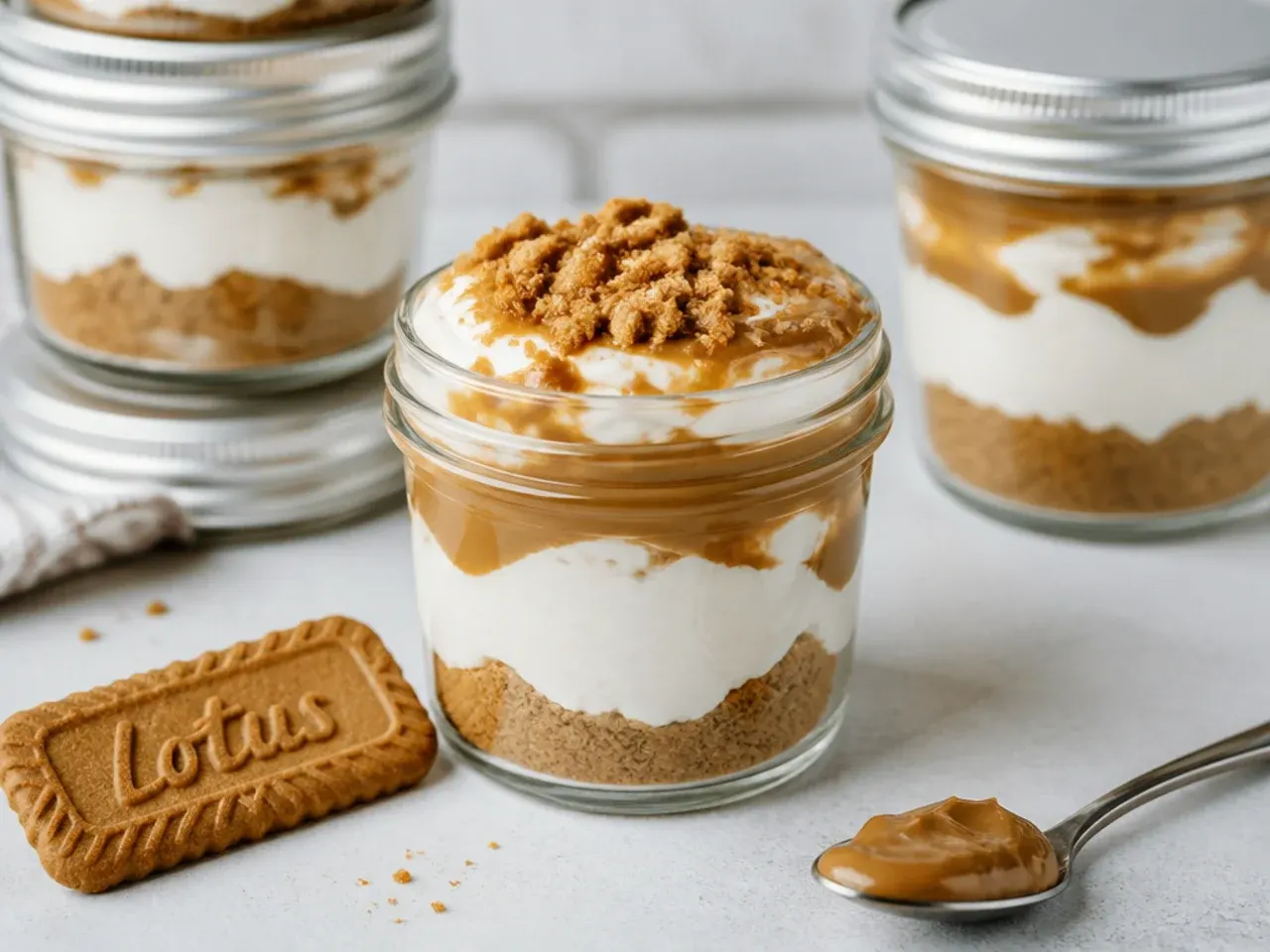 High-protein Greek yogurt biscoff cheesecake cups in meal-prep jars with lids