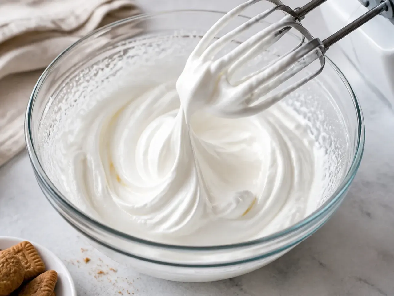 Whipping cream to stiff peaks for no-bake biscoff cheesecake cup filling