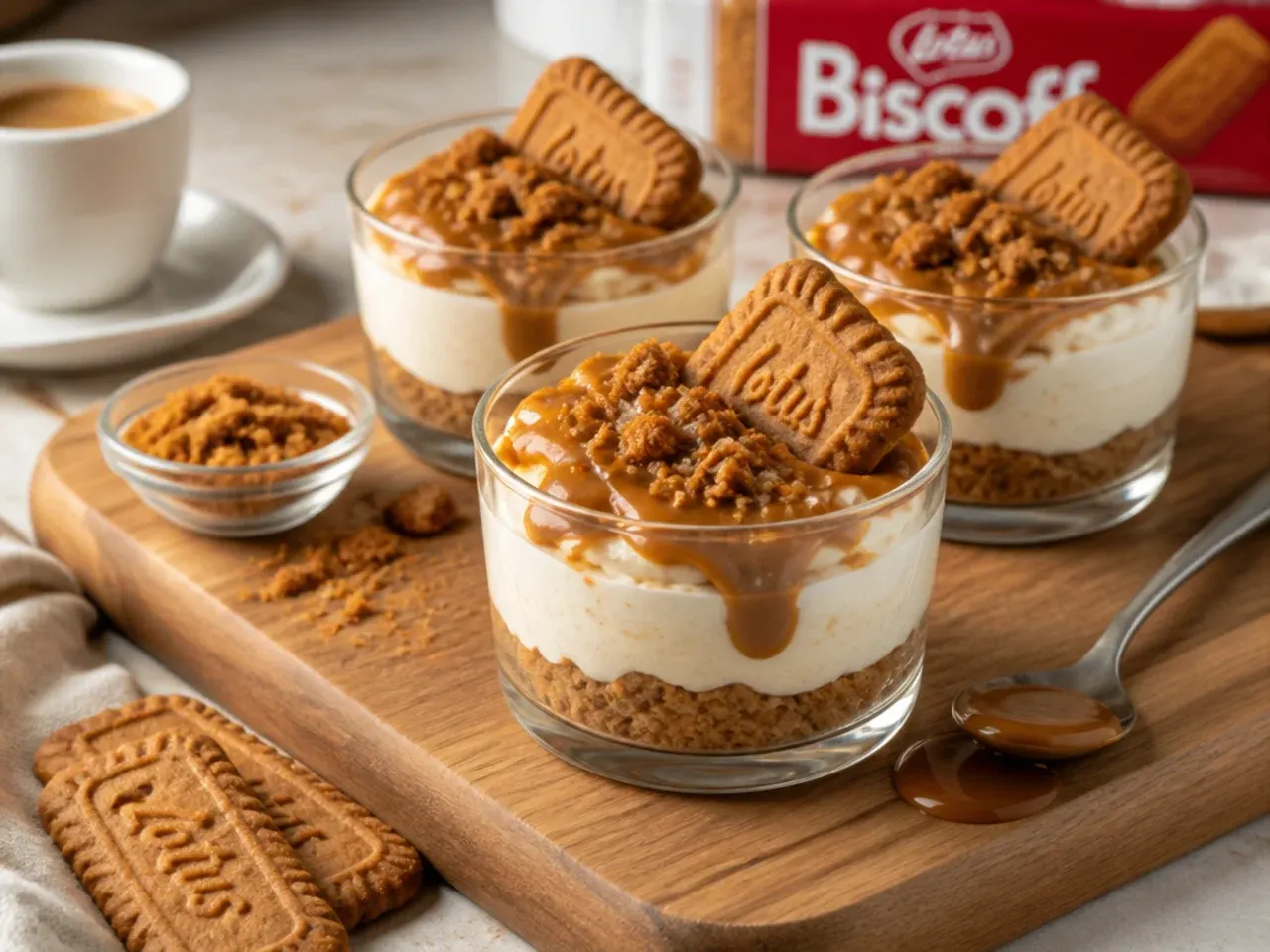 Biscoff cheesecake dessert cups served on a board with espresso and extra toppings