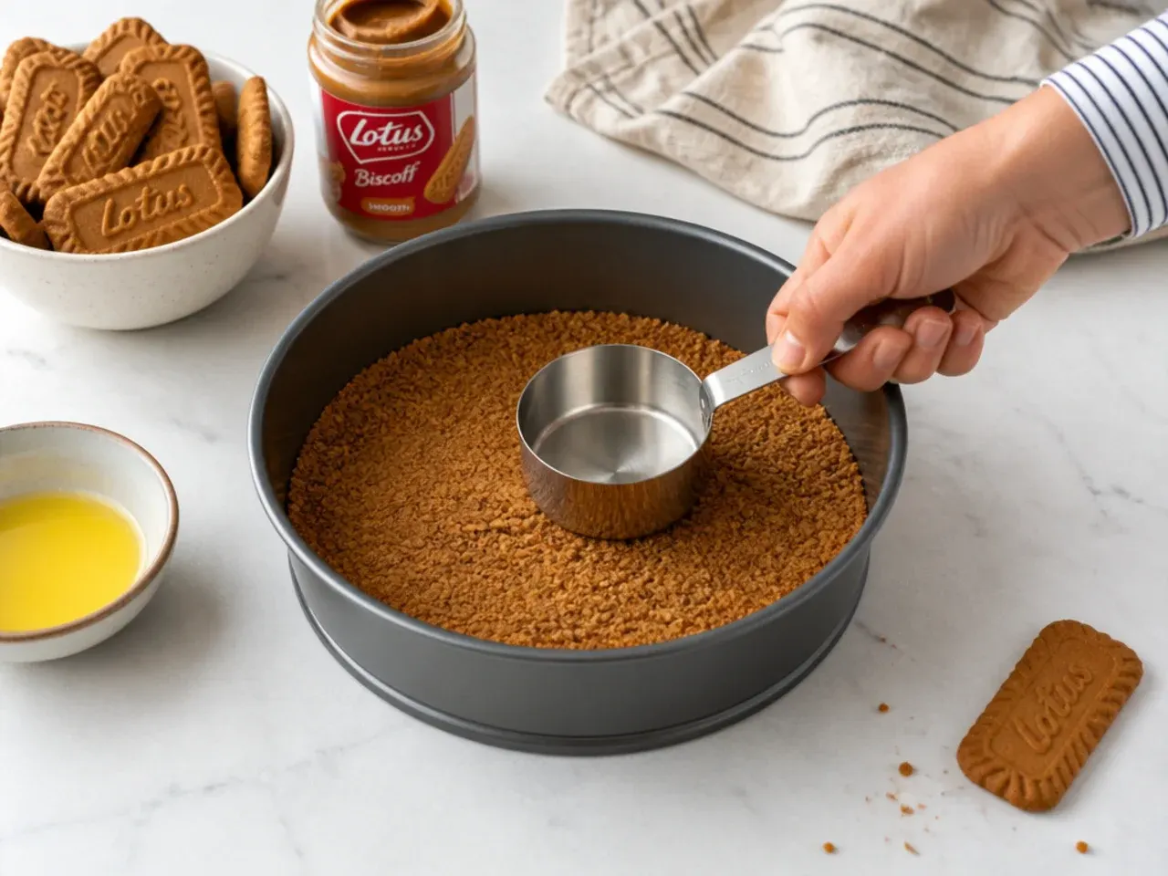 biscoff cheesecake designs — step 1: make the biscuit base
