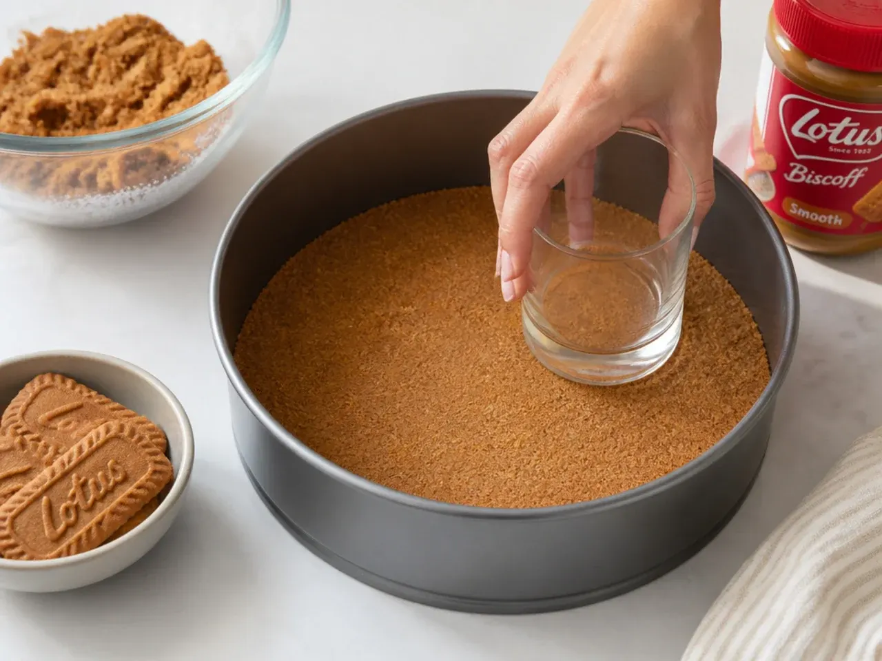 biscoff cheesecake designs — step 2: press and chill the base
