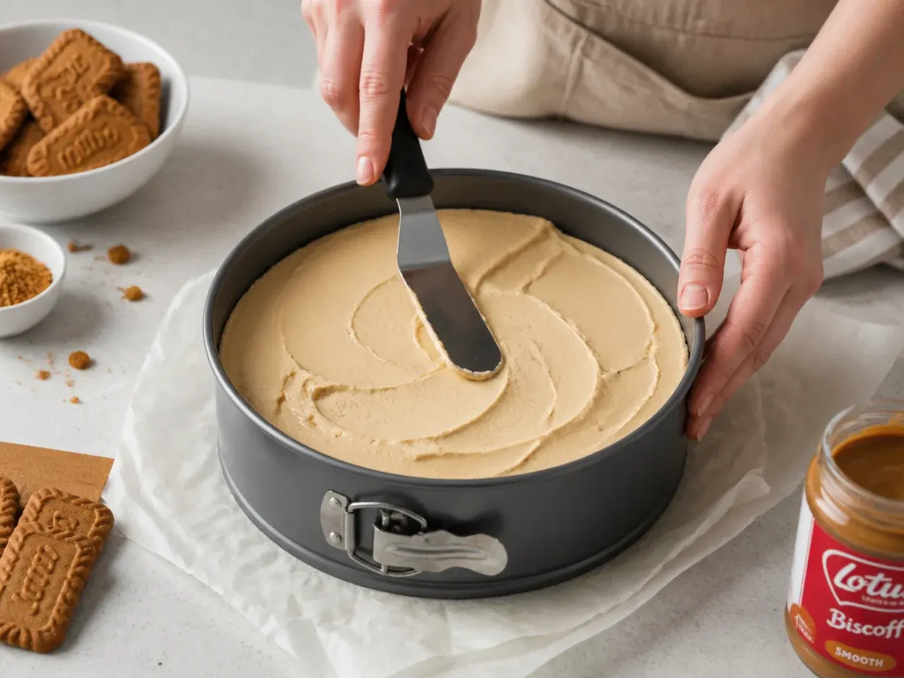 biscoff cheesecake designs — step 5: fill the tin and smooth