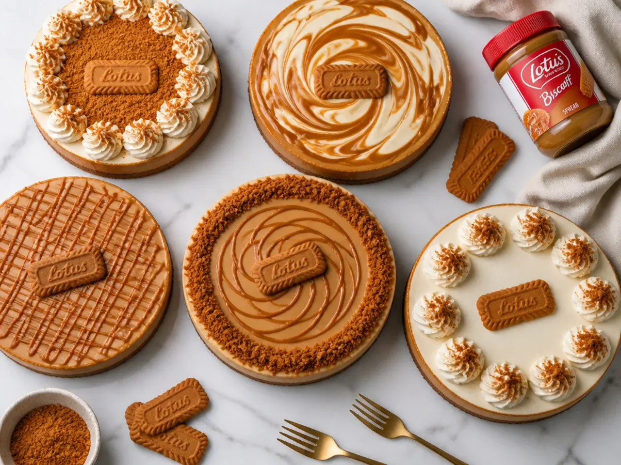 Overhead spread of several decorated biscoff cheesecake designs on a marble counter