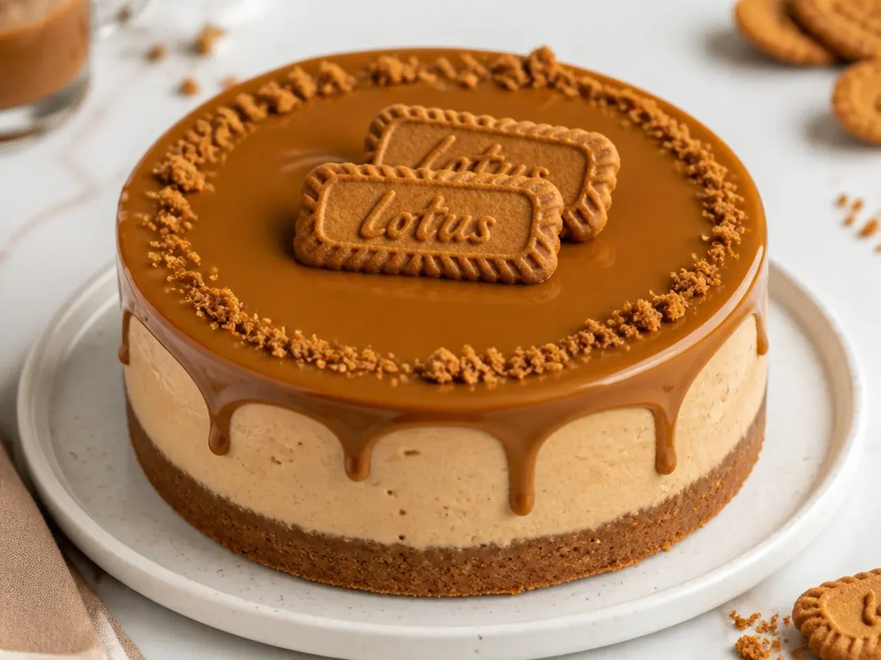 biscoff cheesecake designs — glossy lotus mirror-glaze top