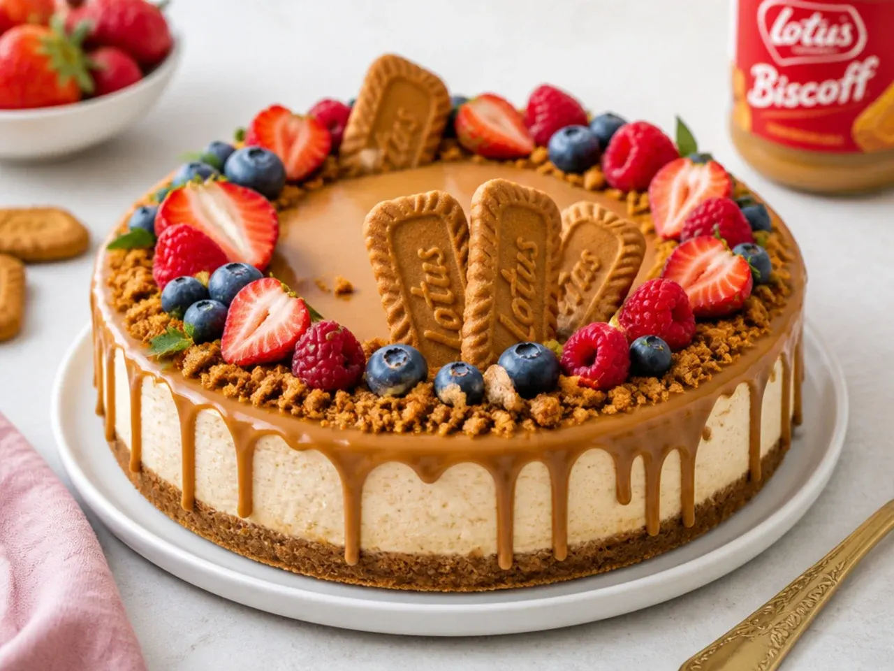biscoff cheesecake designs — colorful berry-and-biscoff contrast