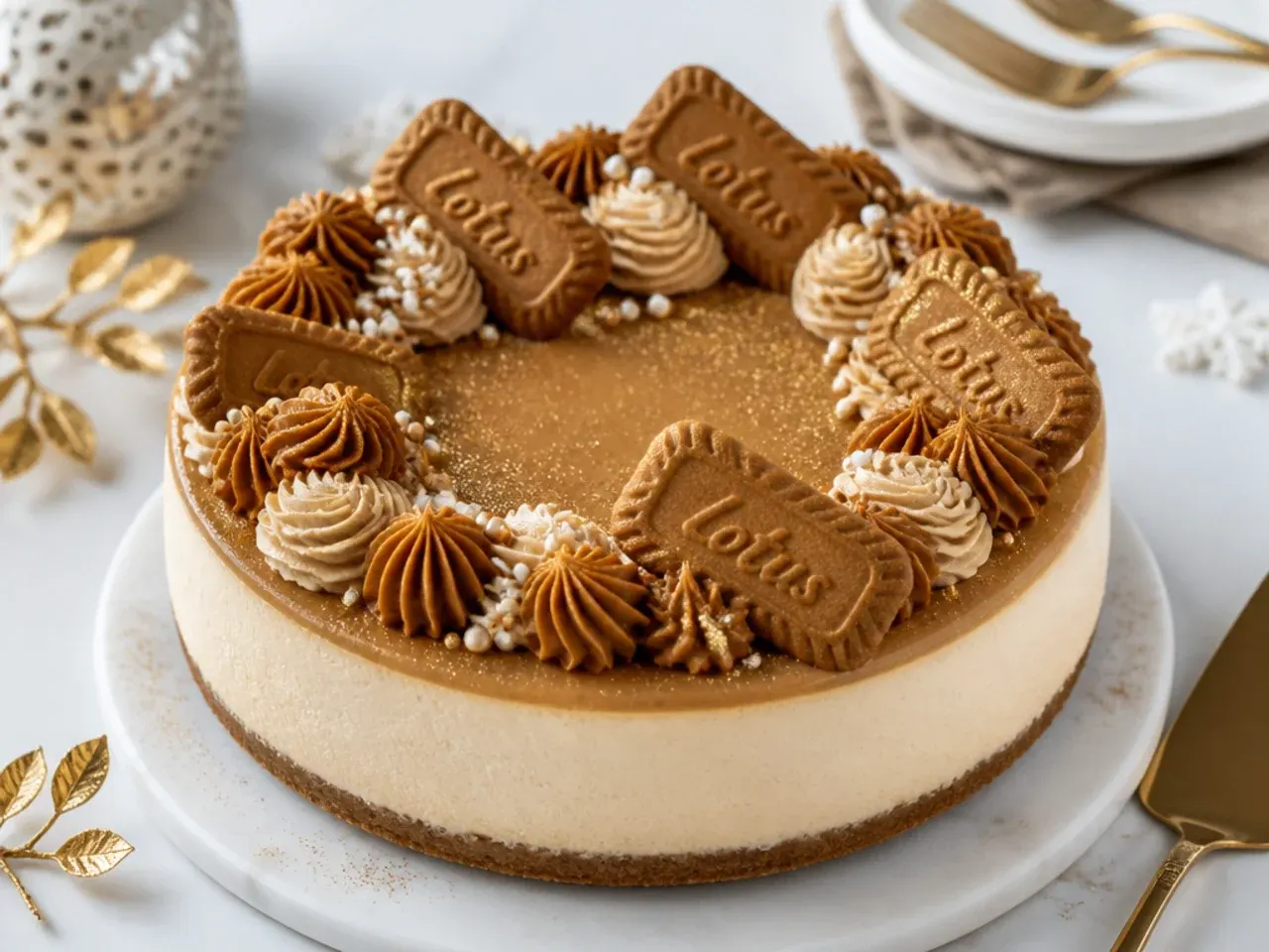biscoff cheesecake designs — festive gold-dusted holiday top
